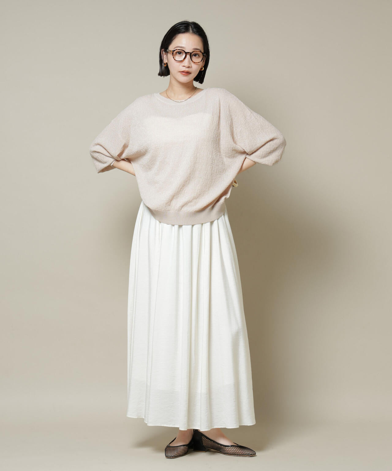 梨地ボートネックワイドシルエットニット