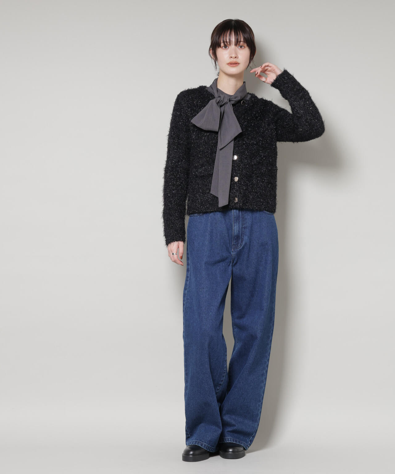 チュールシャギークルーネックニットカーディガン