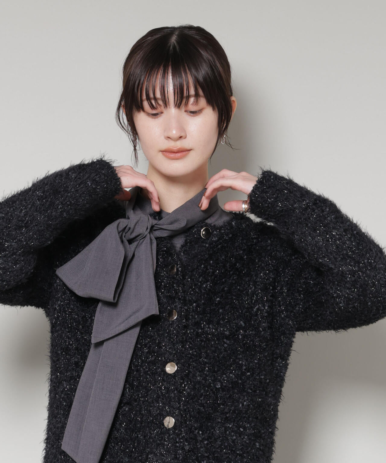 チュールシャギークルーネックニットカーディガン