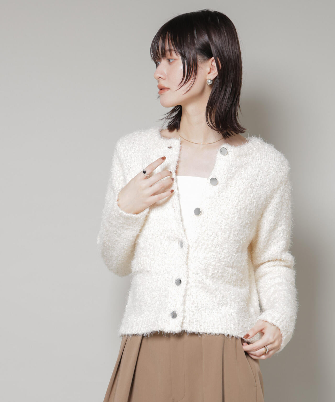 チュールシャギークルーネックニットカーディガン