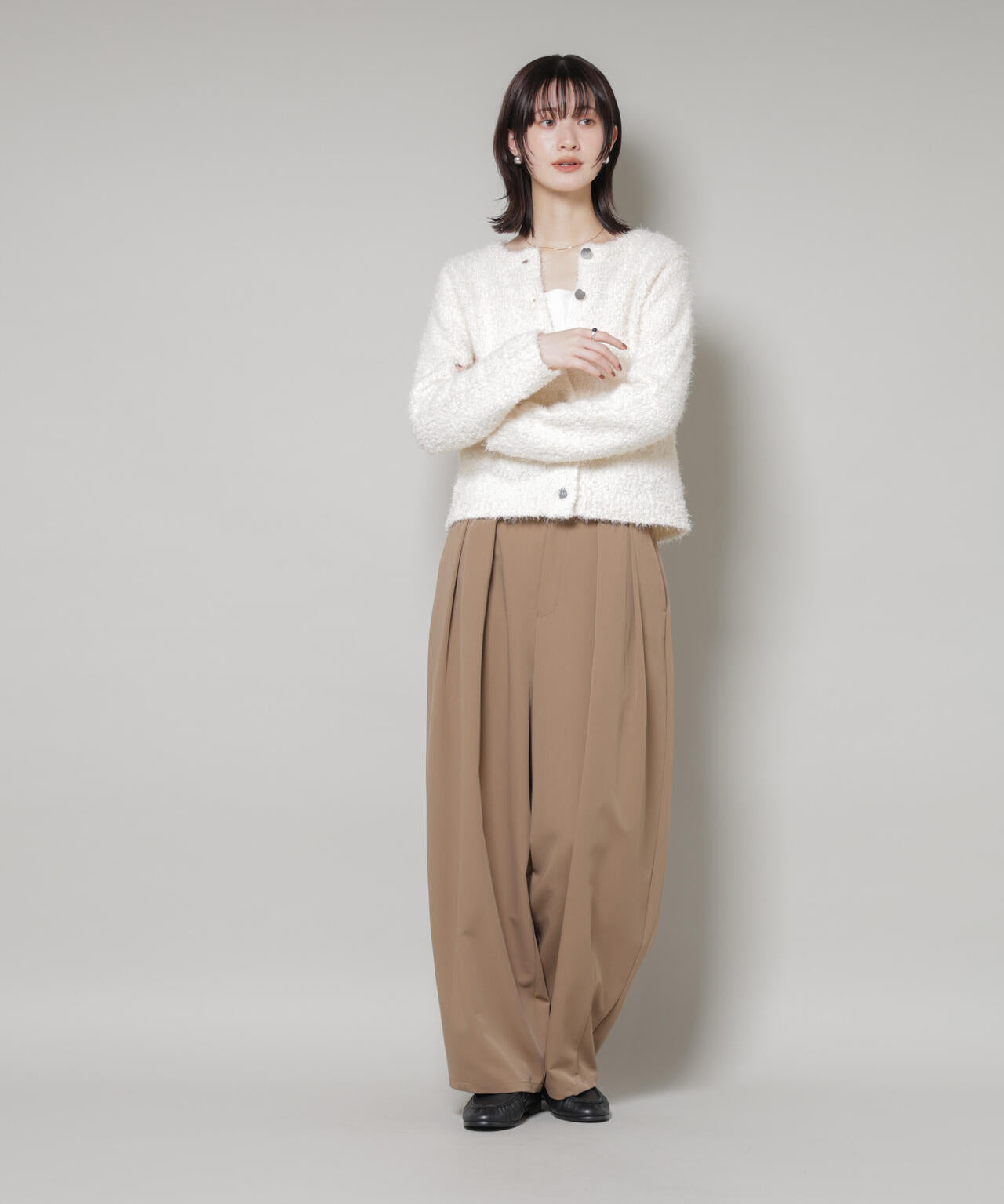 チュールシャギークルーネックニットカーディガン