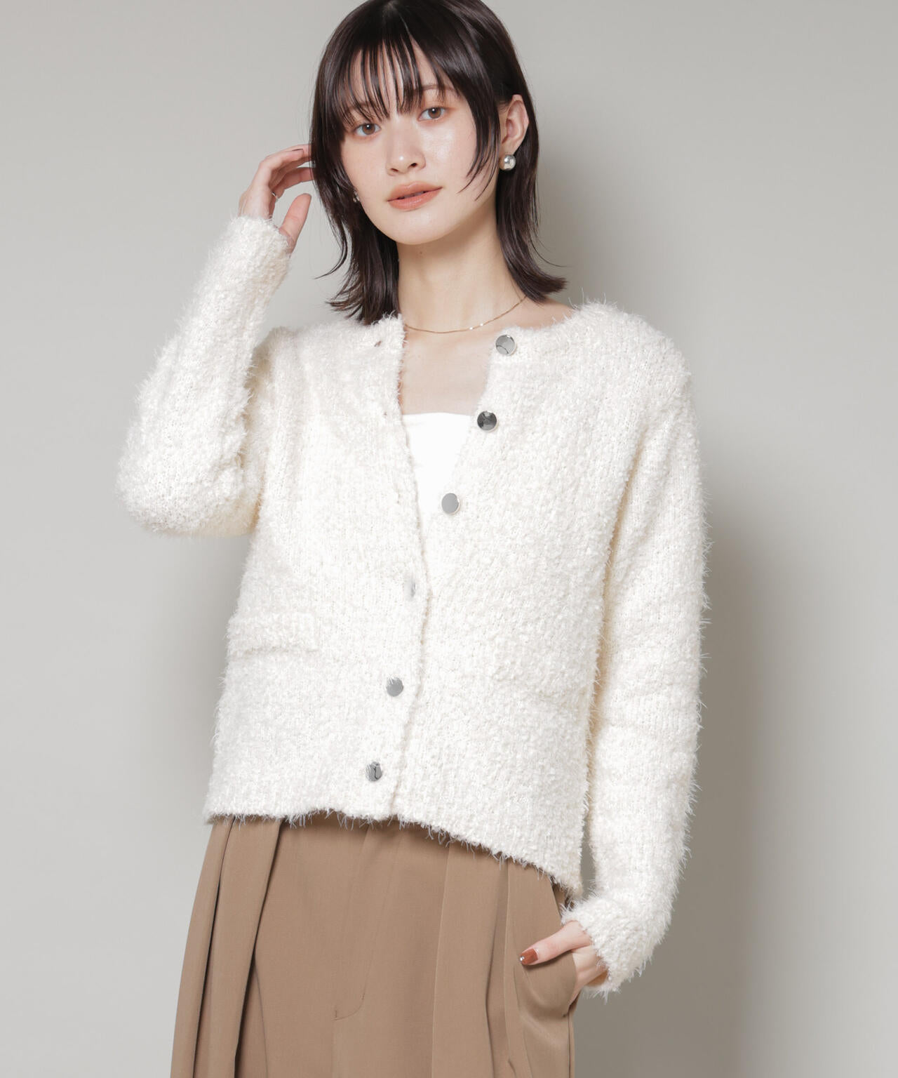 チュールシャギークルーネックニットカーディガン