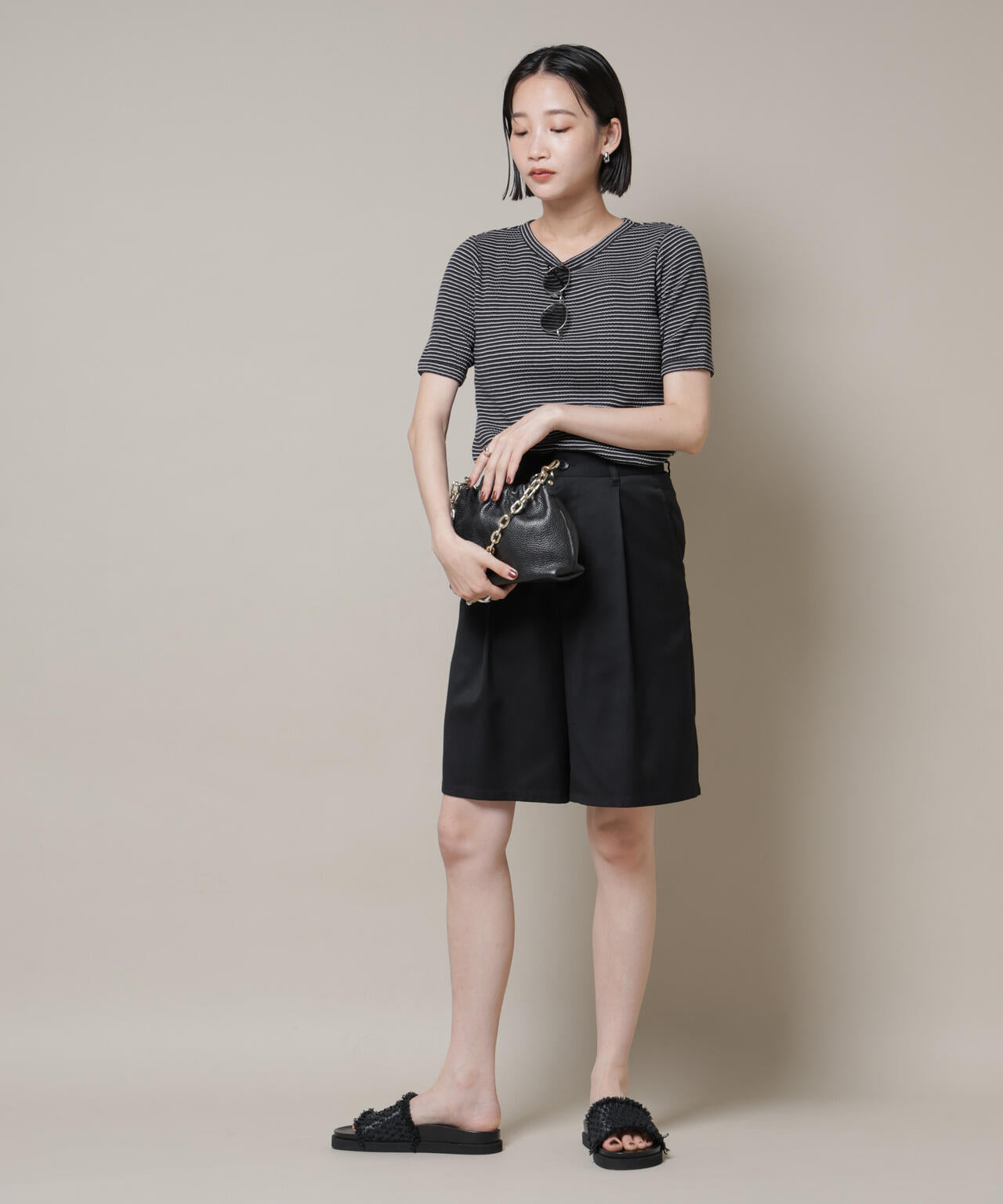 マルチボーダーテレコリブカットトップス