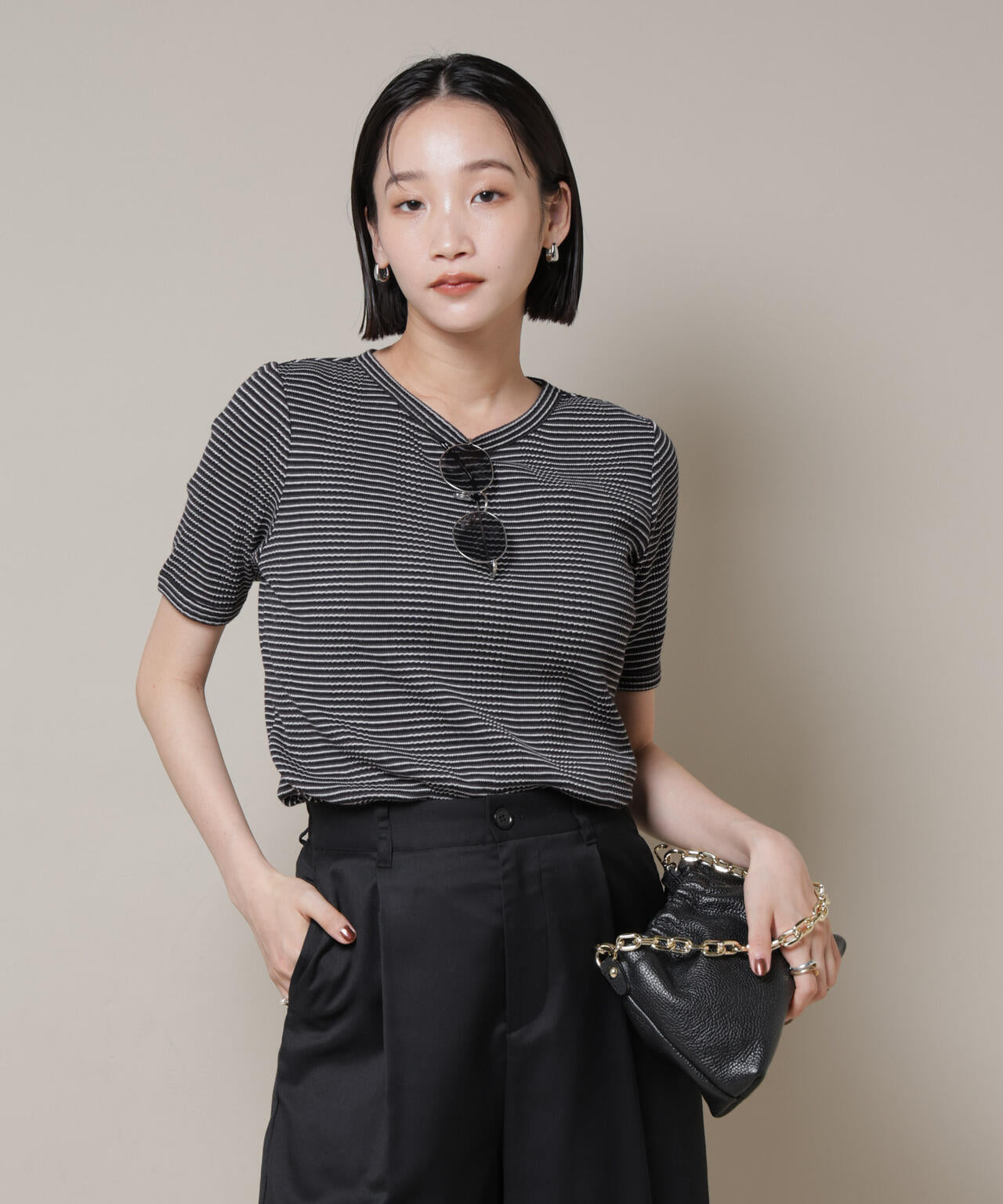 マルチボーダーテレコリブカットトップス