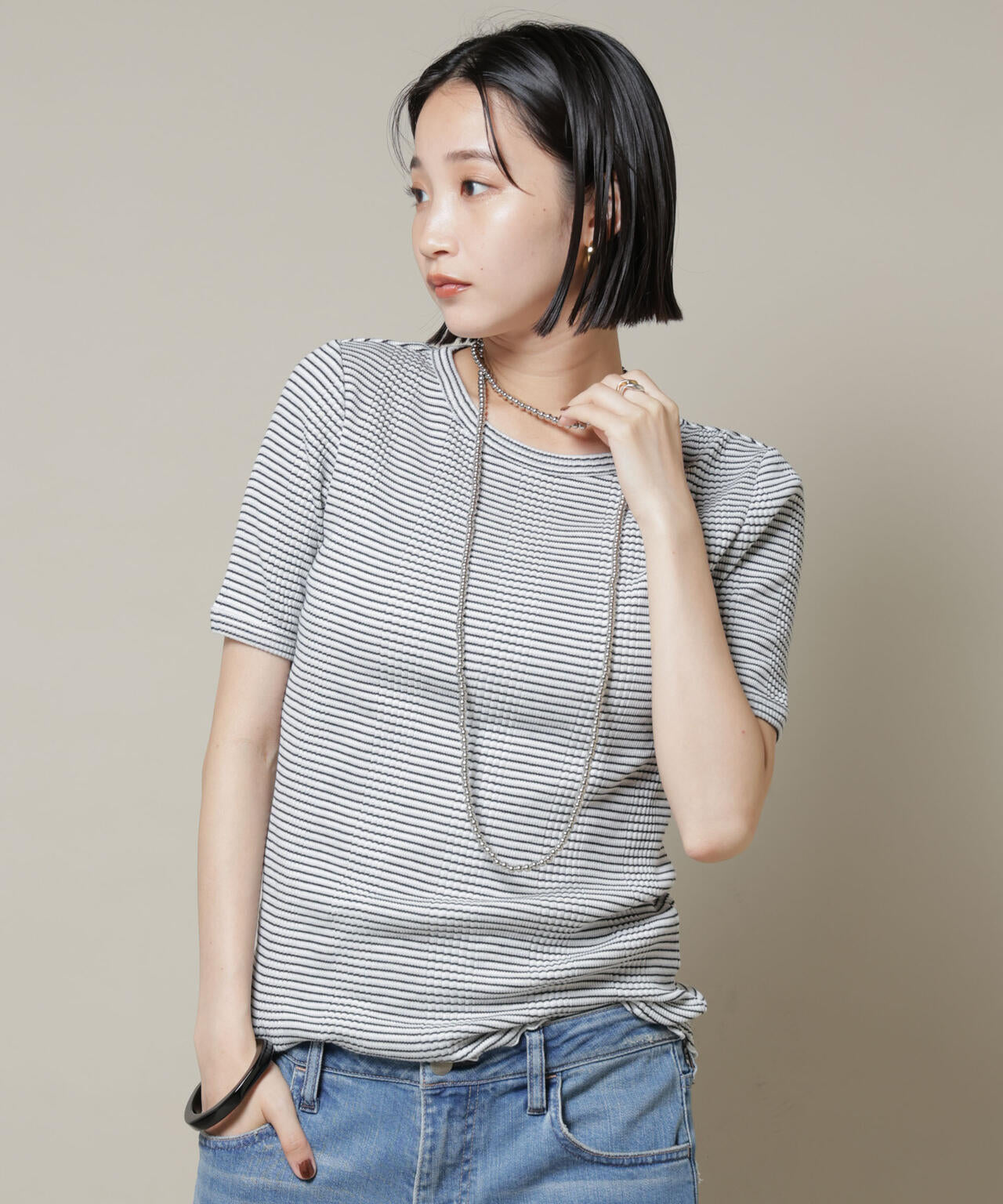 マルチボーダーテレコリブカットトップス