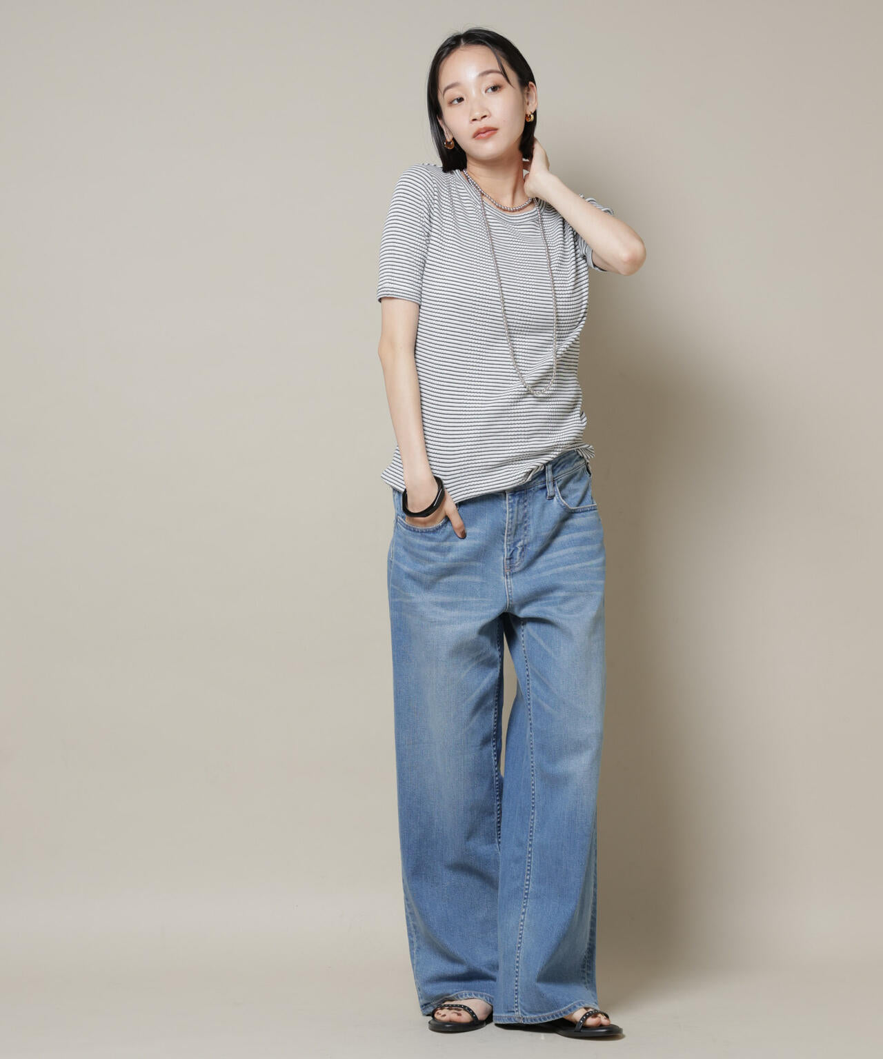 マルチボーダーテレコリブカットトップス