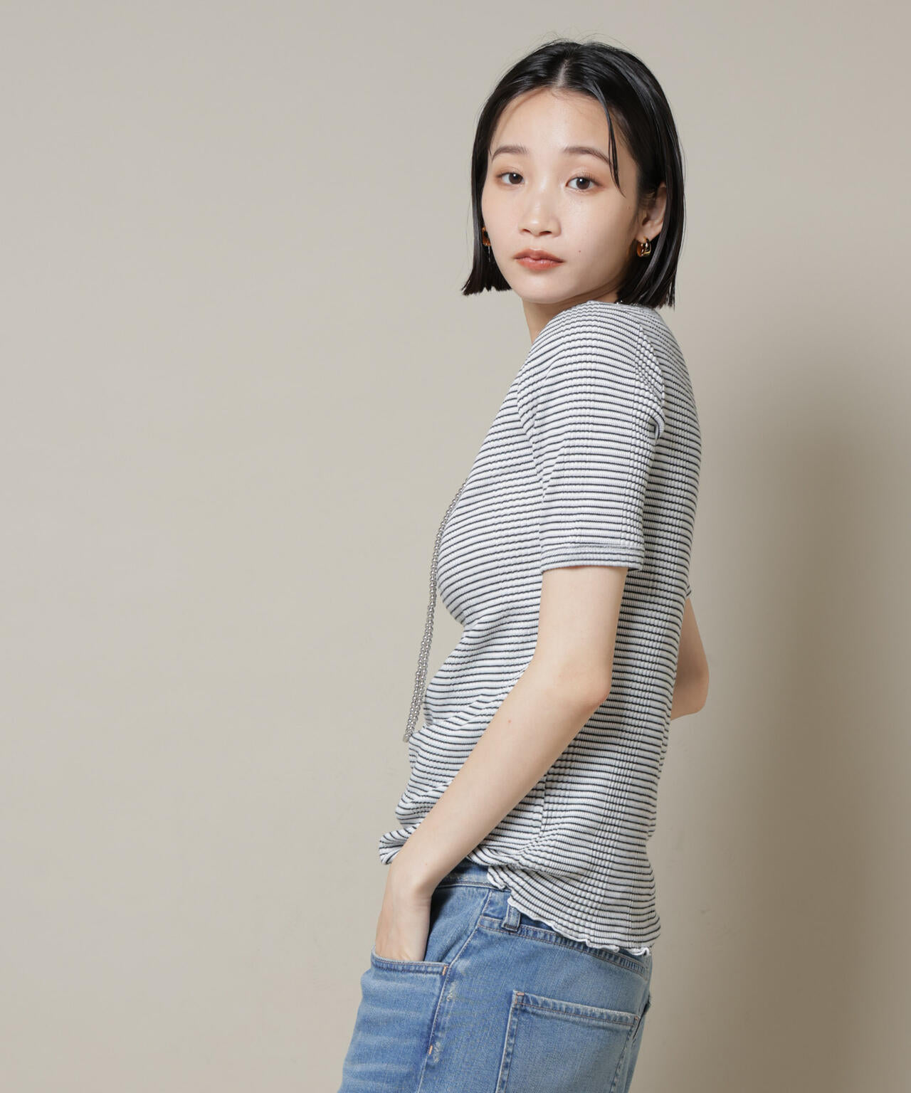 マルチボーダーテレコリブカットトップス