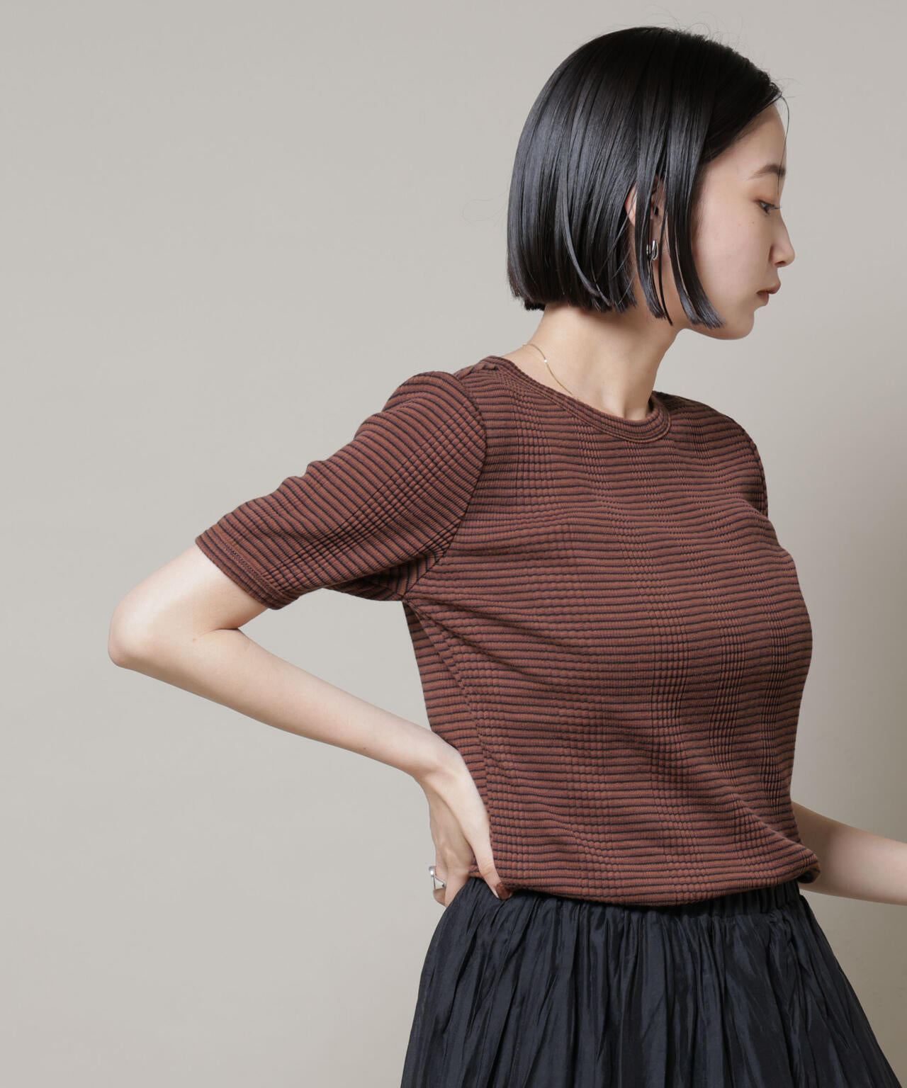 マルチボーダーテレコリブカットトップス