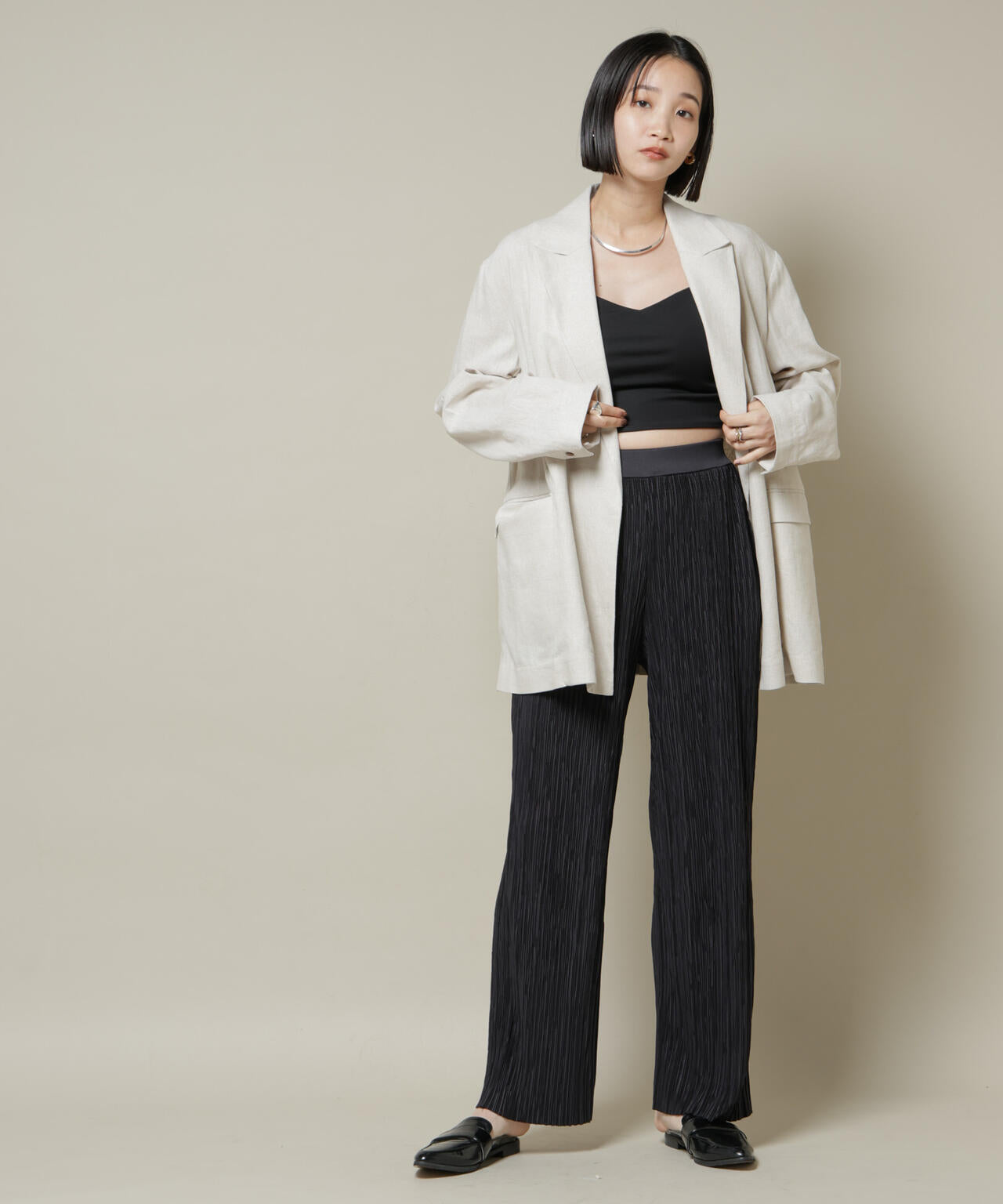 ランダムプリーツカットセミワイドパンツ(セットアップ可)