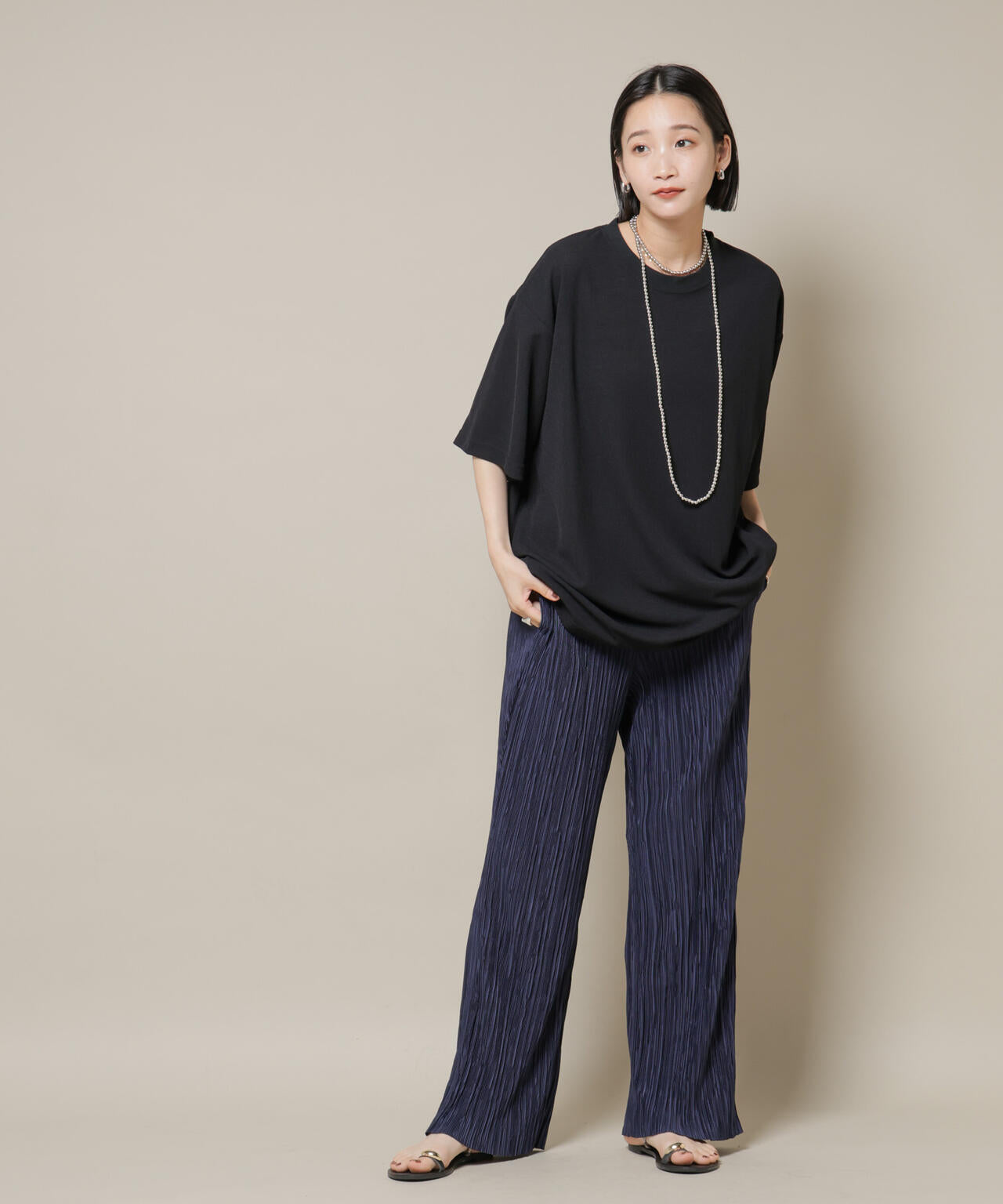 ランダムプリーツカットセミワイドパンツ(セットアップ可)