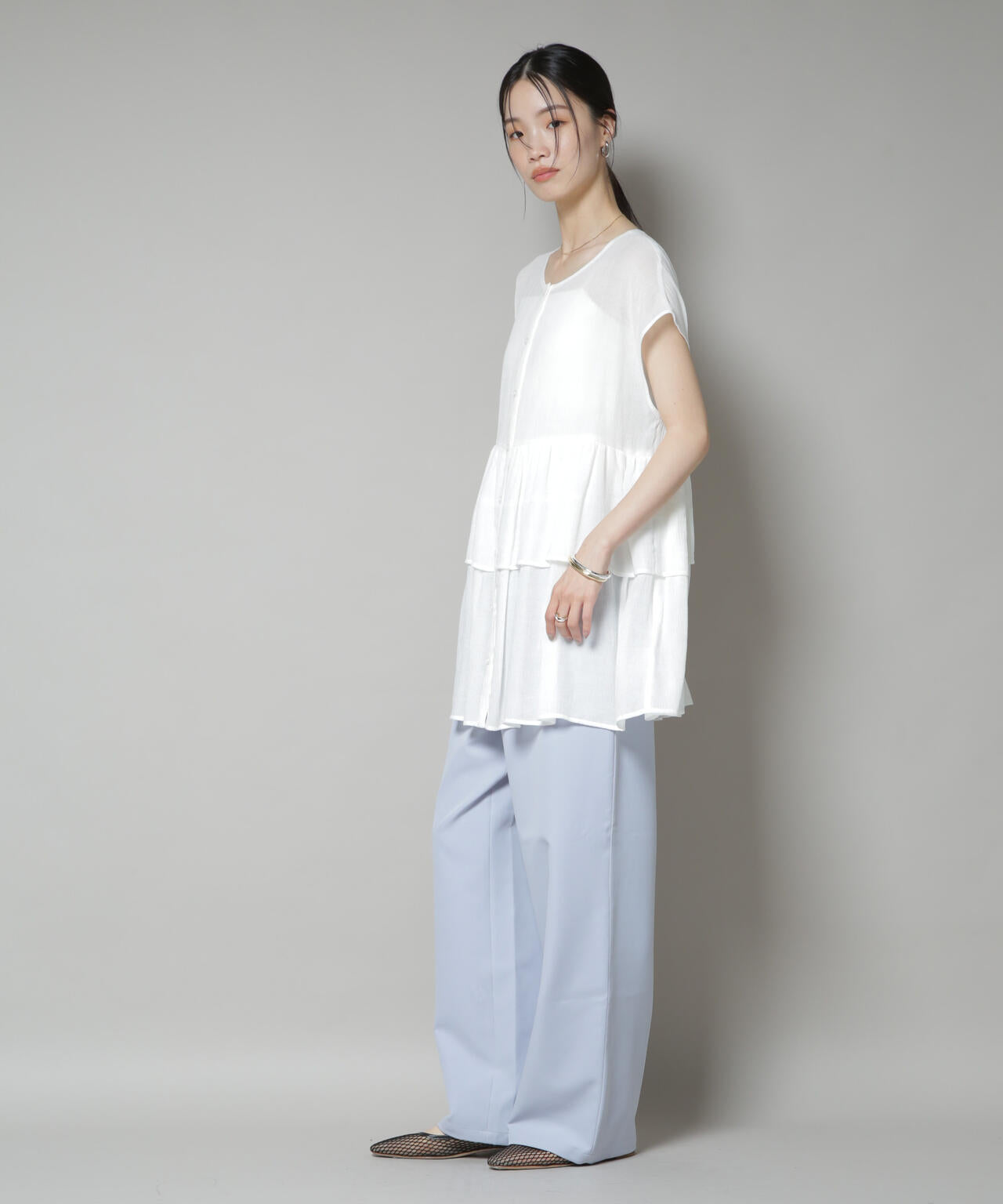 【撥水加工】ウェストドロストワイドストレートパンツ