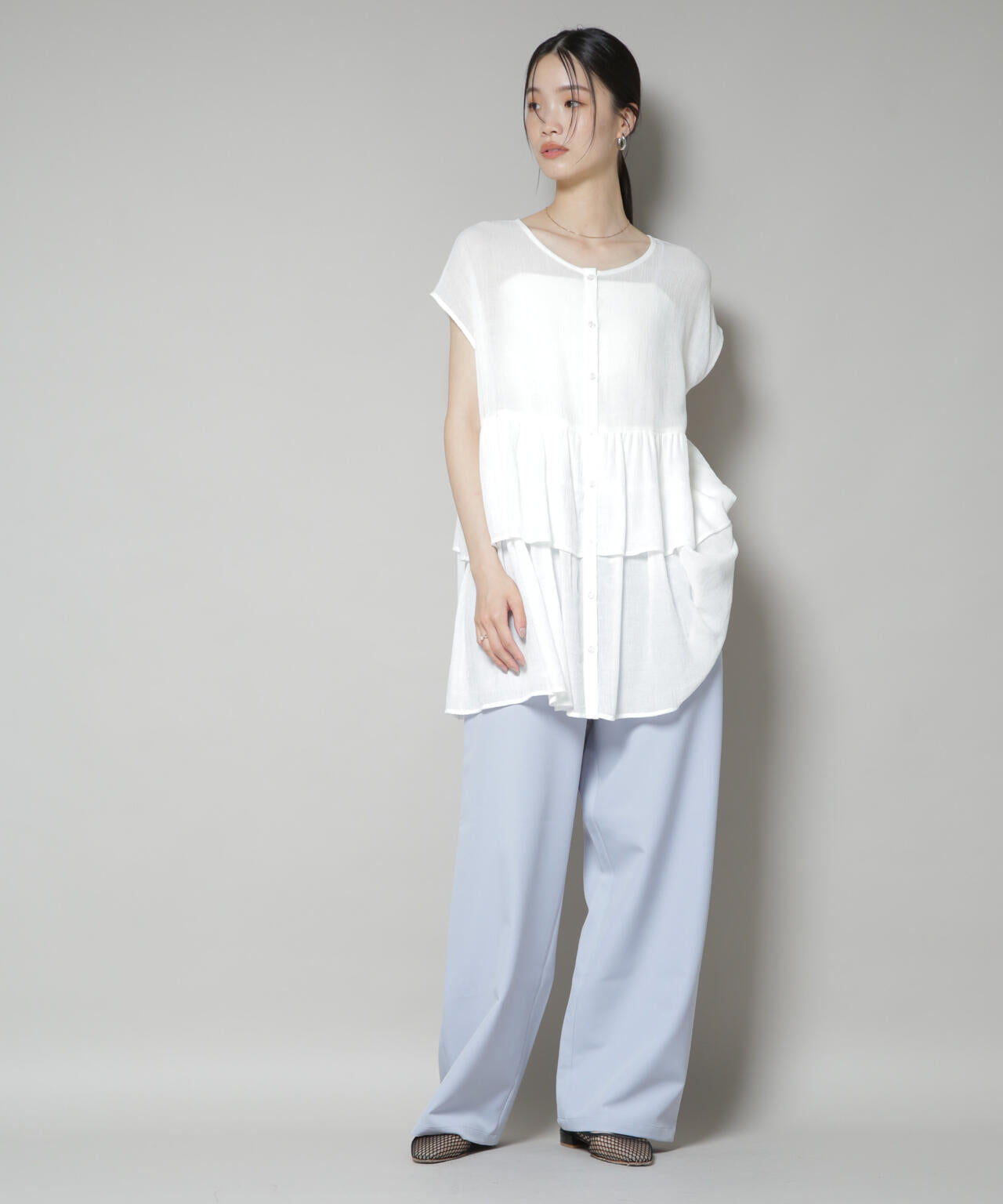 【撥水加工】ウェストドロストワイドストレートパンツ