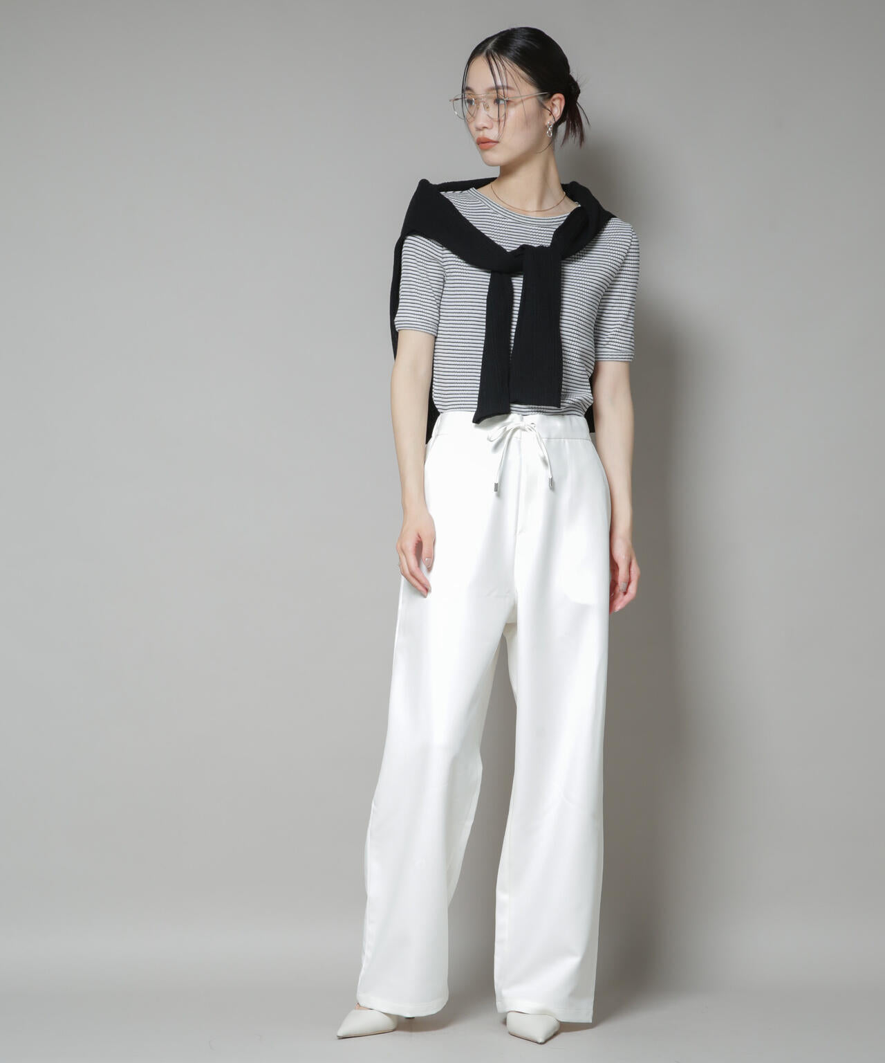 【撥水加工】ウェストドロストワイドストレートパンツ