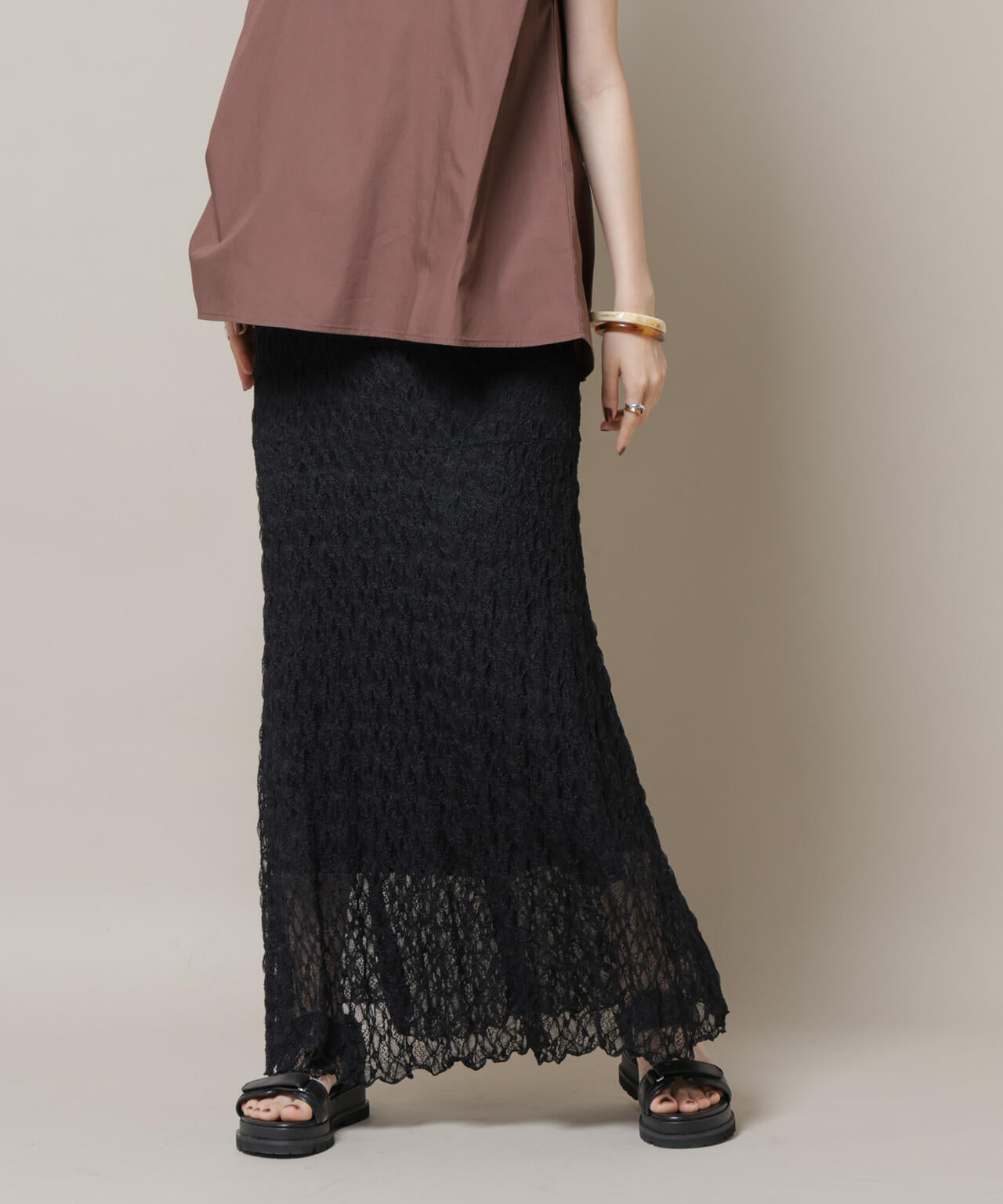 【美品】ナノユニバース　フレアスカート（裏地あり）　ブラック カットジョーゼットフレアスカート（セットアップ可） | NANO