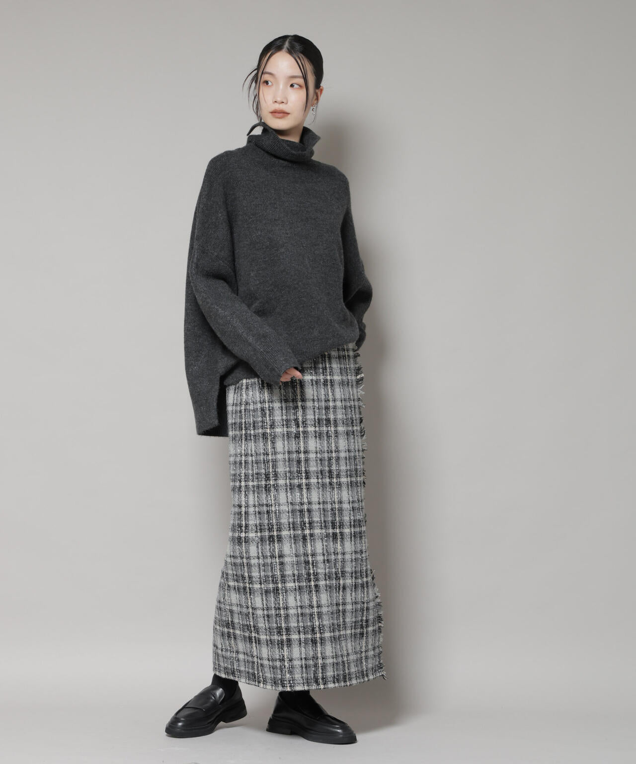 チェックフリンジラップ風スカート(セットアップ可)