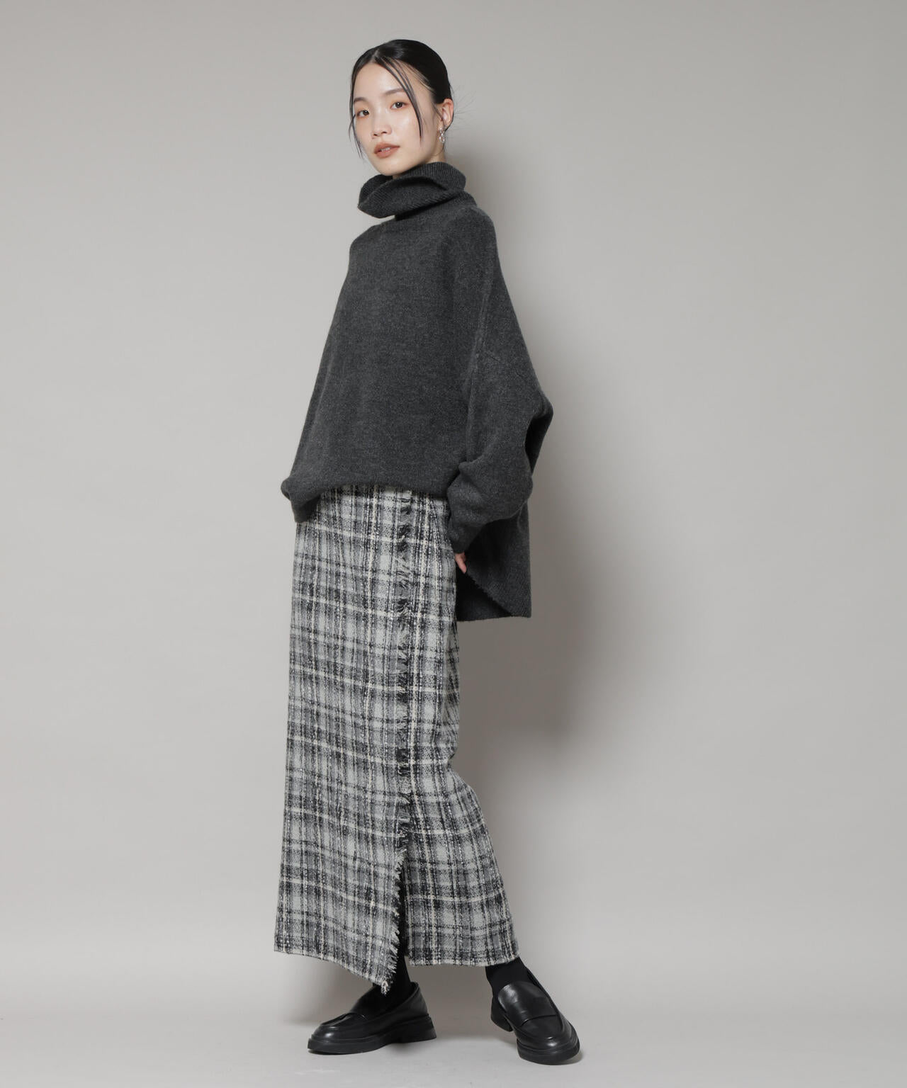 チェックフリンジラップ風スカート(セットアップ可)