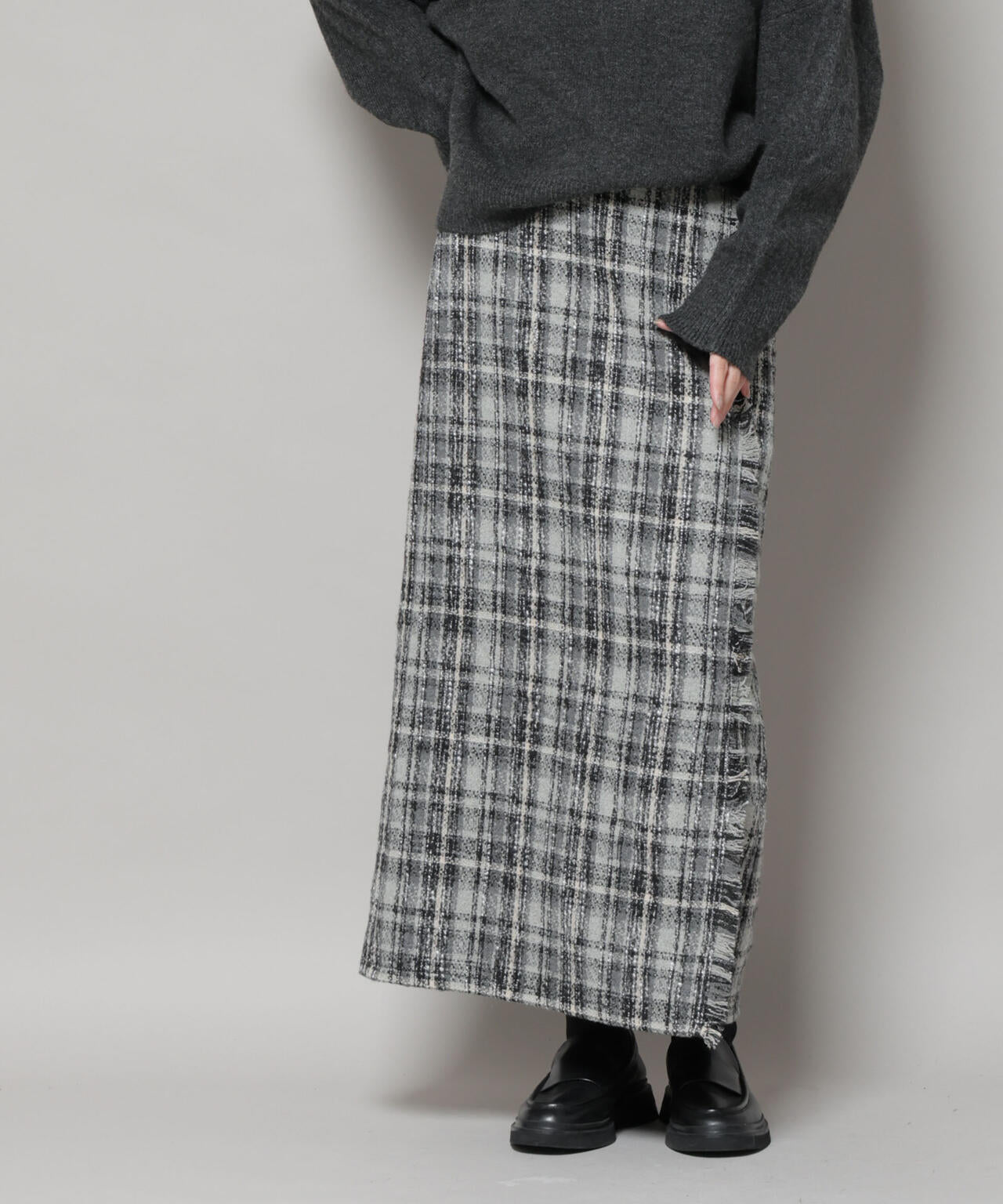 チェックフリンジラップ風スカート(セットアップ可)