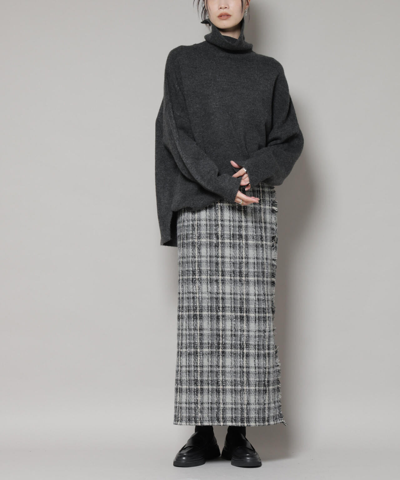 チェックフリンジラップ風スカート(セットアップ可)