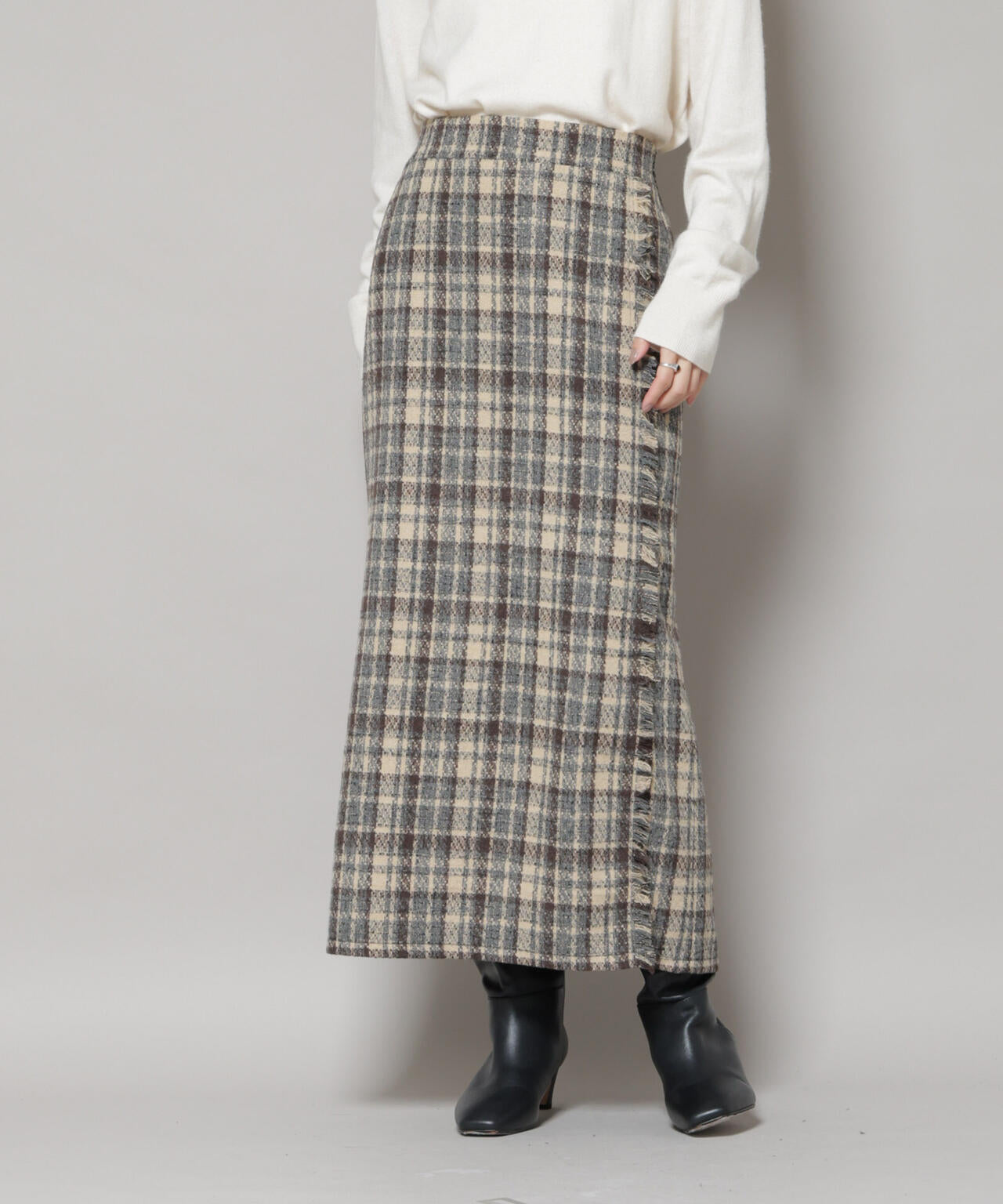 チェックフリンジラップ風スカート(セットアップ可)