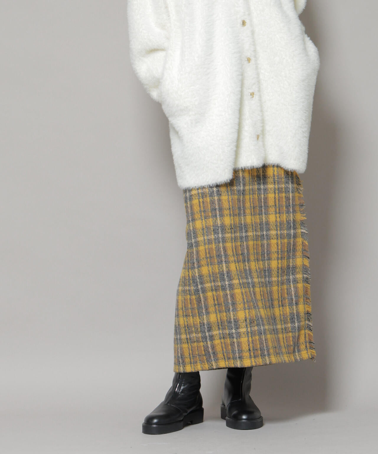 チェックフリンジラップ風スカート(セットアップ可)