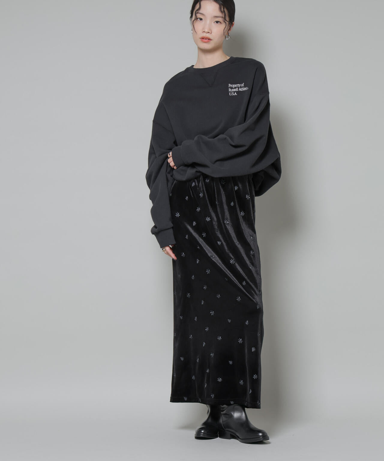 刺繍ベロアカットナロースカート(セットアップ可) | NANO universe