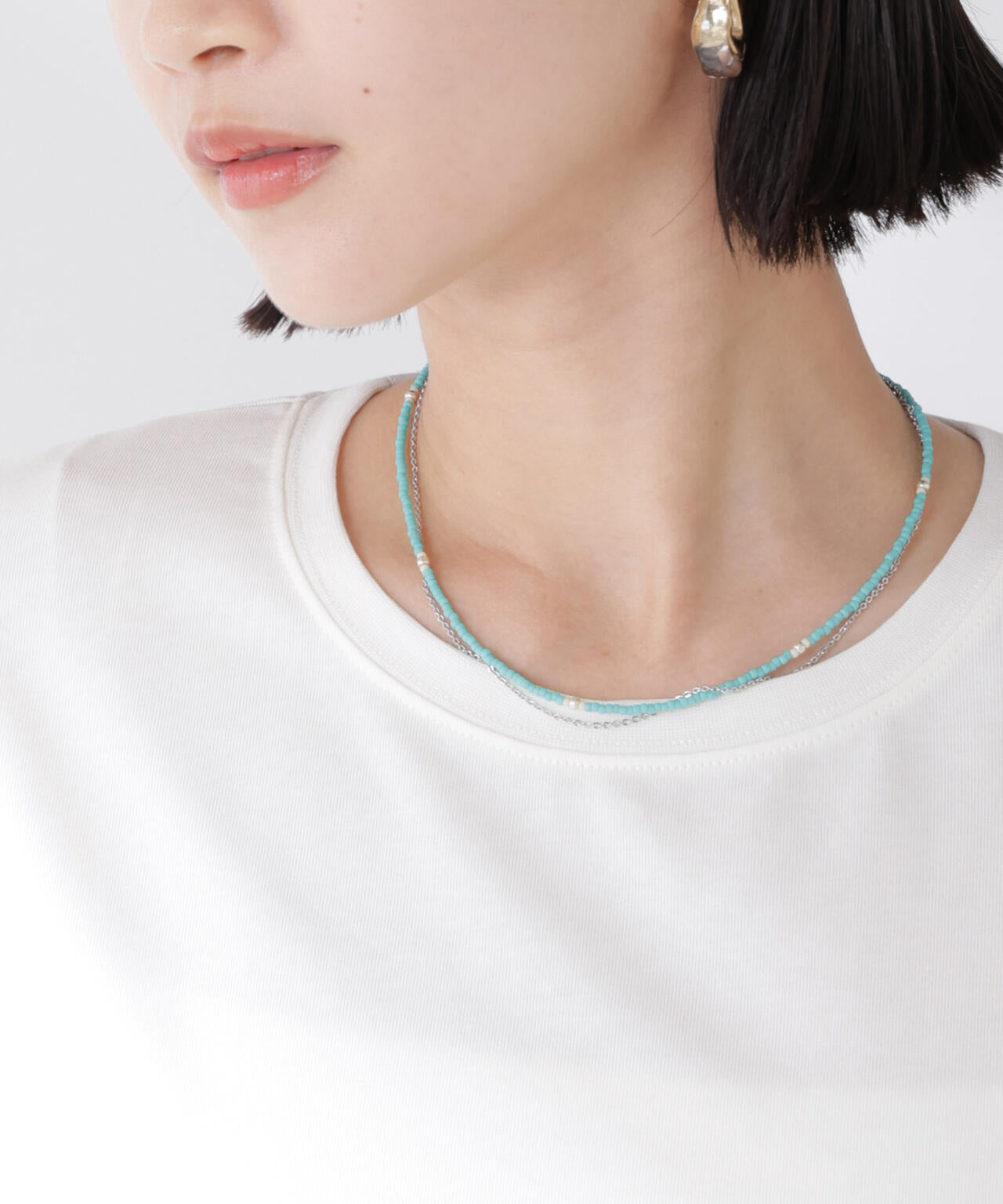 マットビーズ＆チェーン2連ネックレス