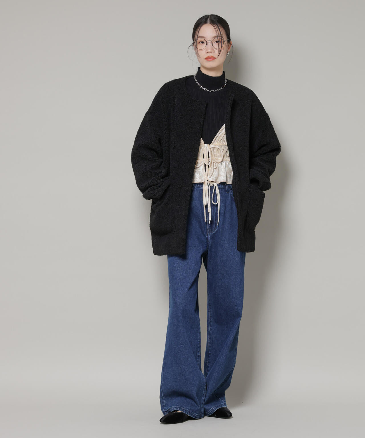 ソフトボアノーカラーミドルコート