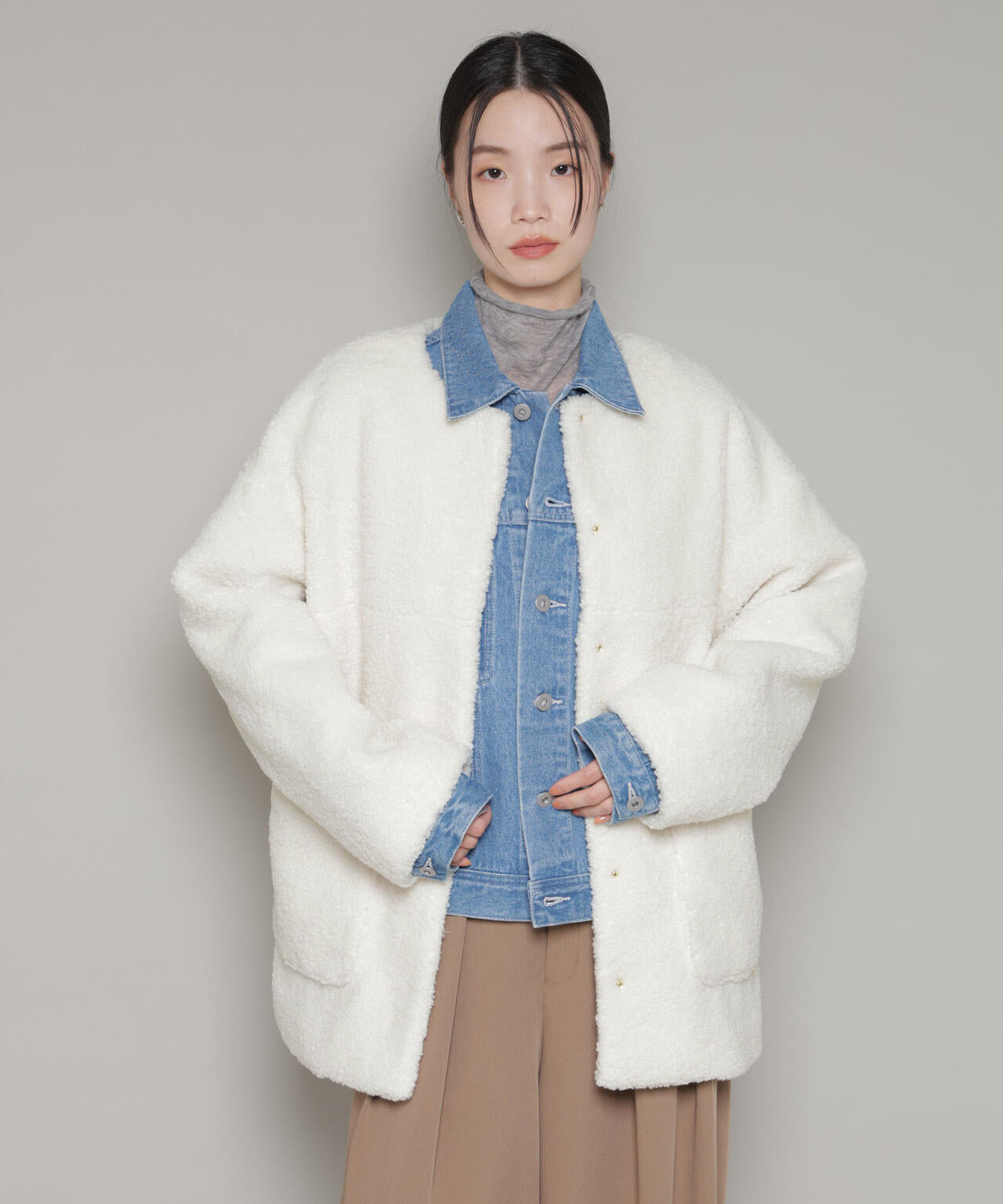 ソフトボアノーカラーミドルコート