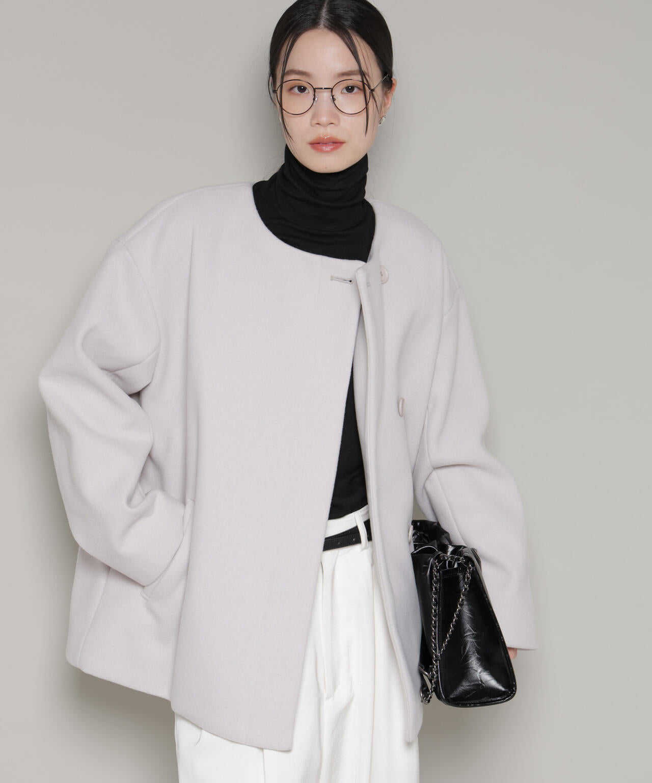 ノーカラーミドルコート