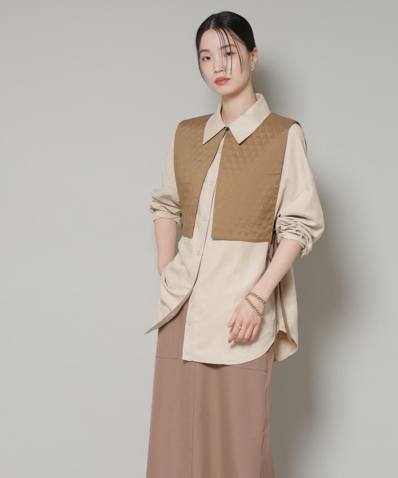 キルティングベスト×ギャザーワンピース アンサンブルセット