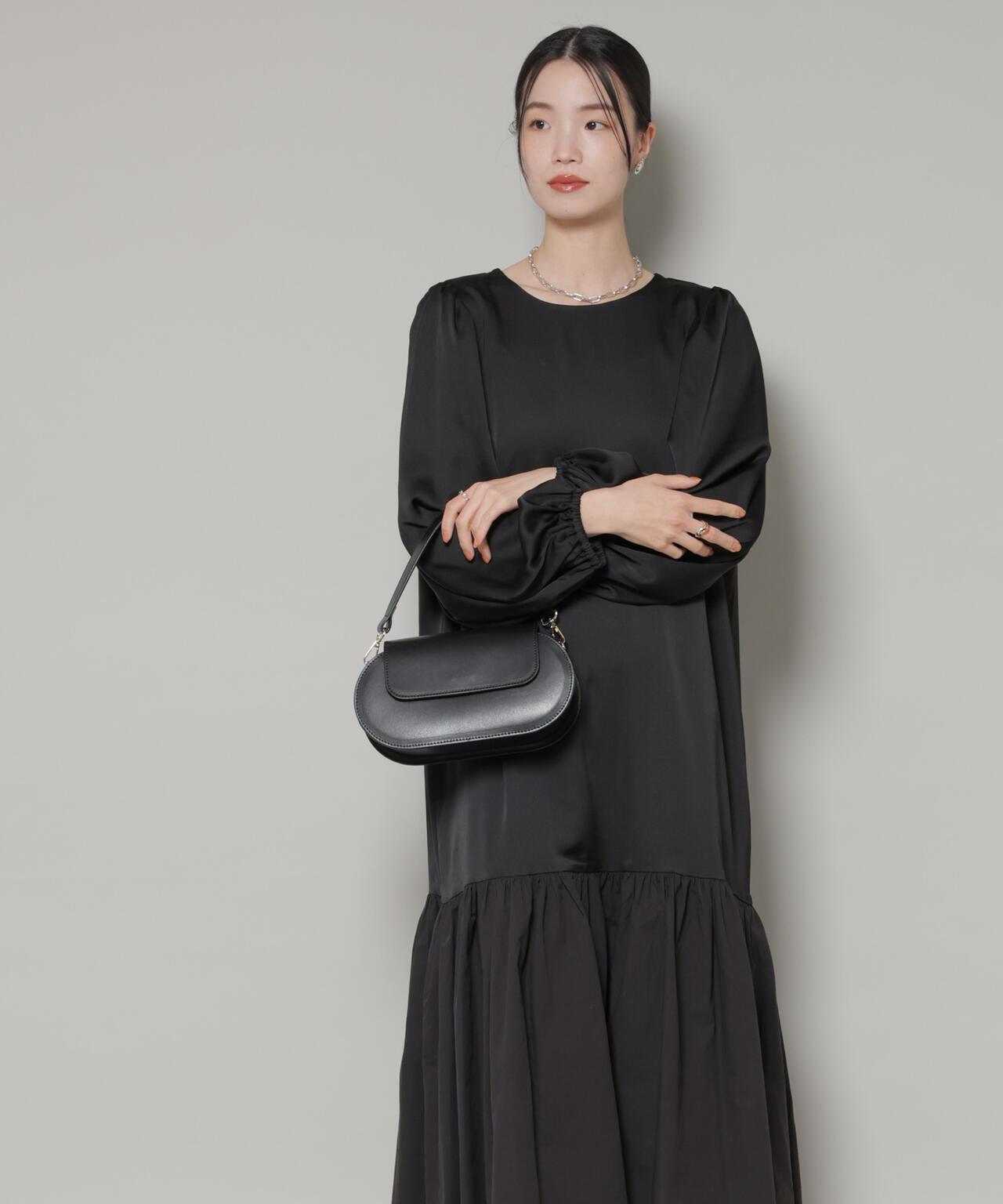 異素材切り替えギャザーサテンワンピース | NANO universe（ナノ