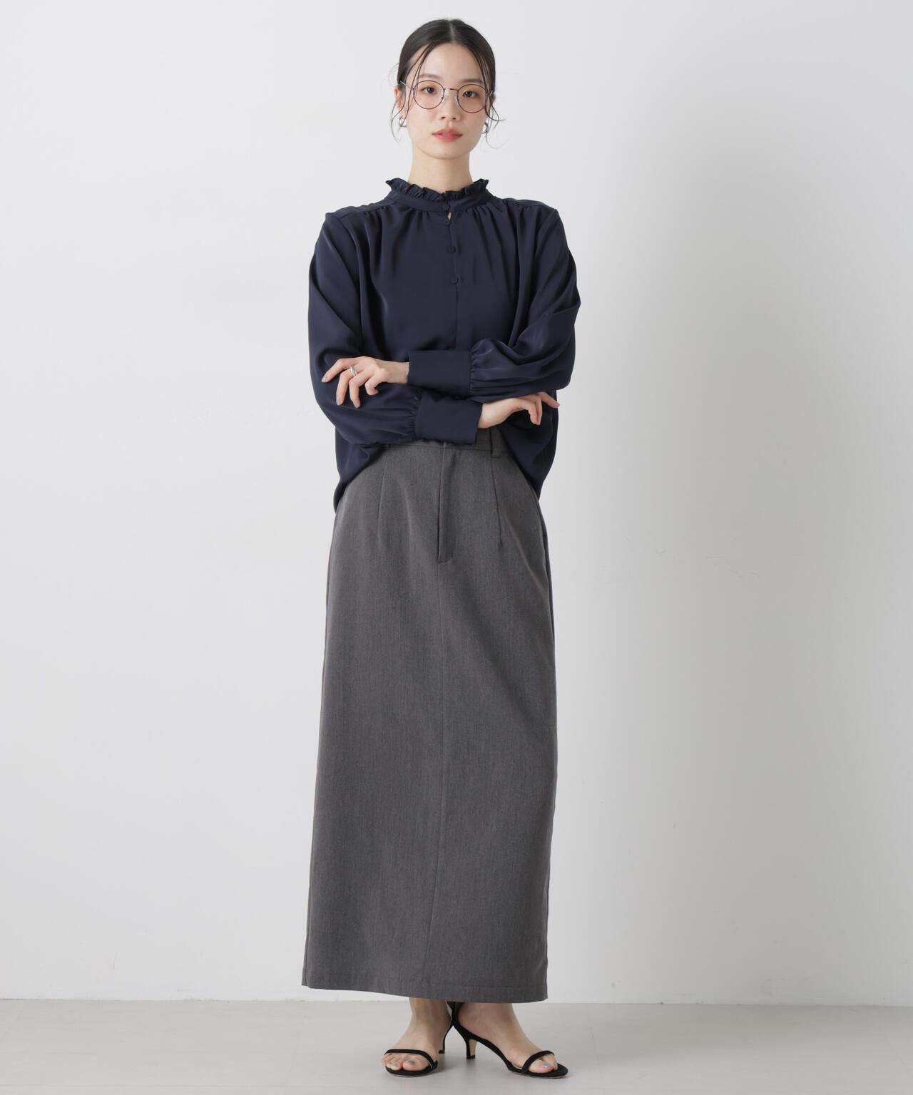 前後2wayスタンドカラーギャザーブラウス