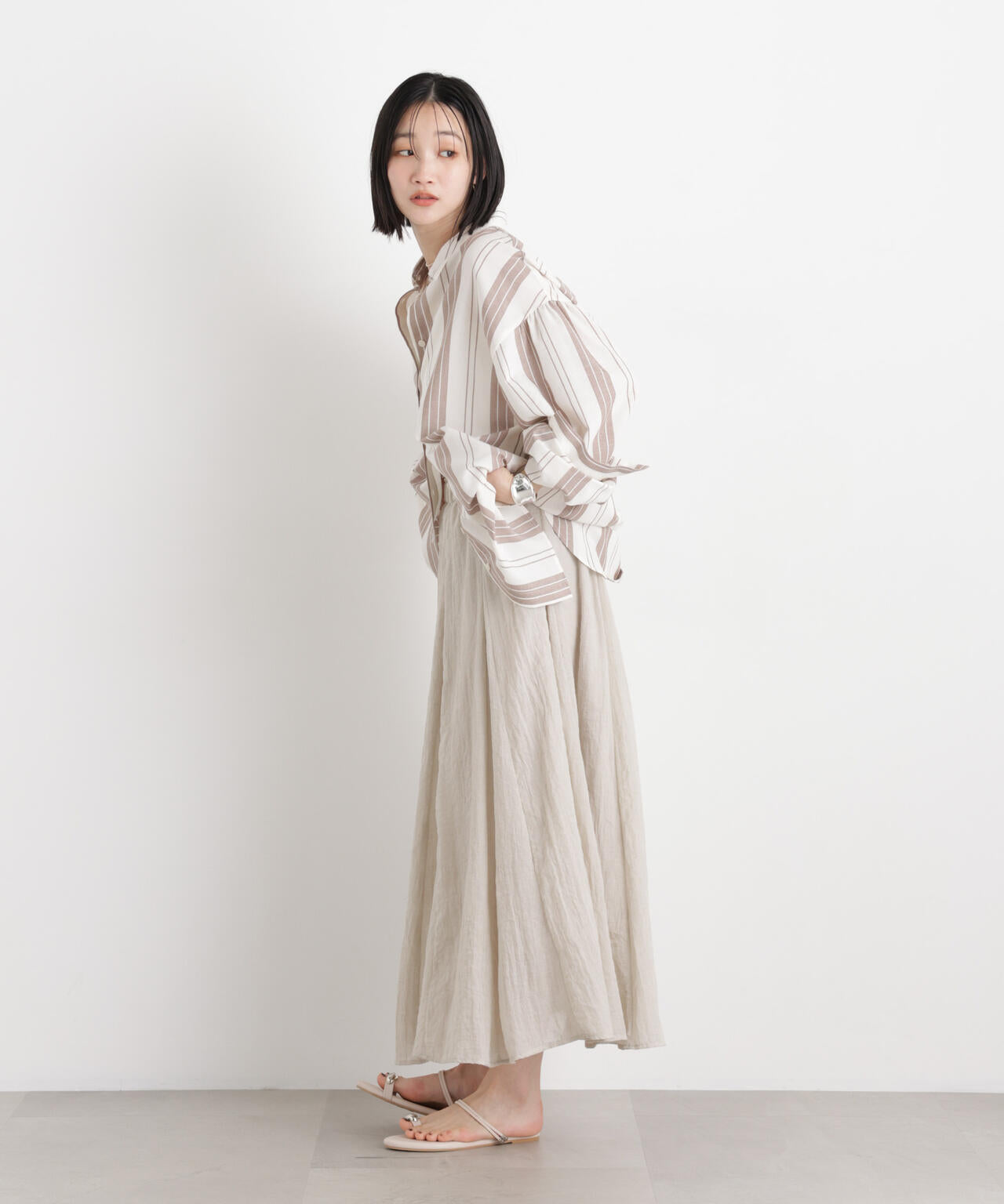 マシンウォッシャブルリネン混 ボリュームスリーブシャツ