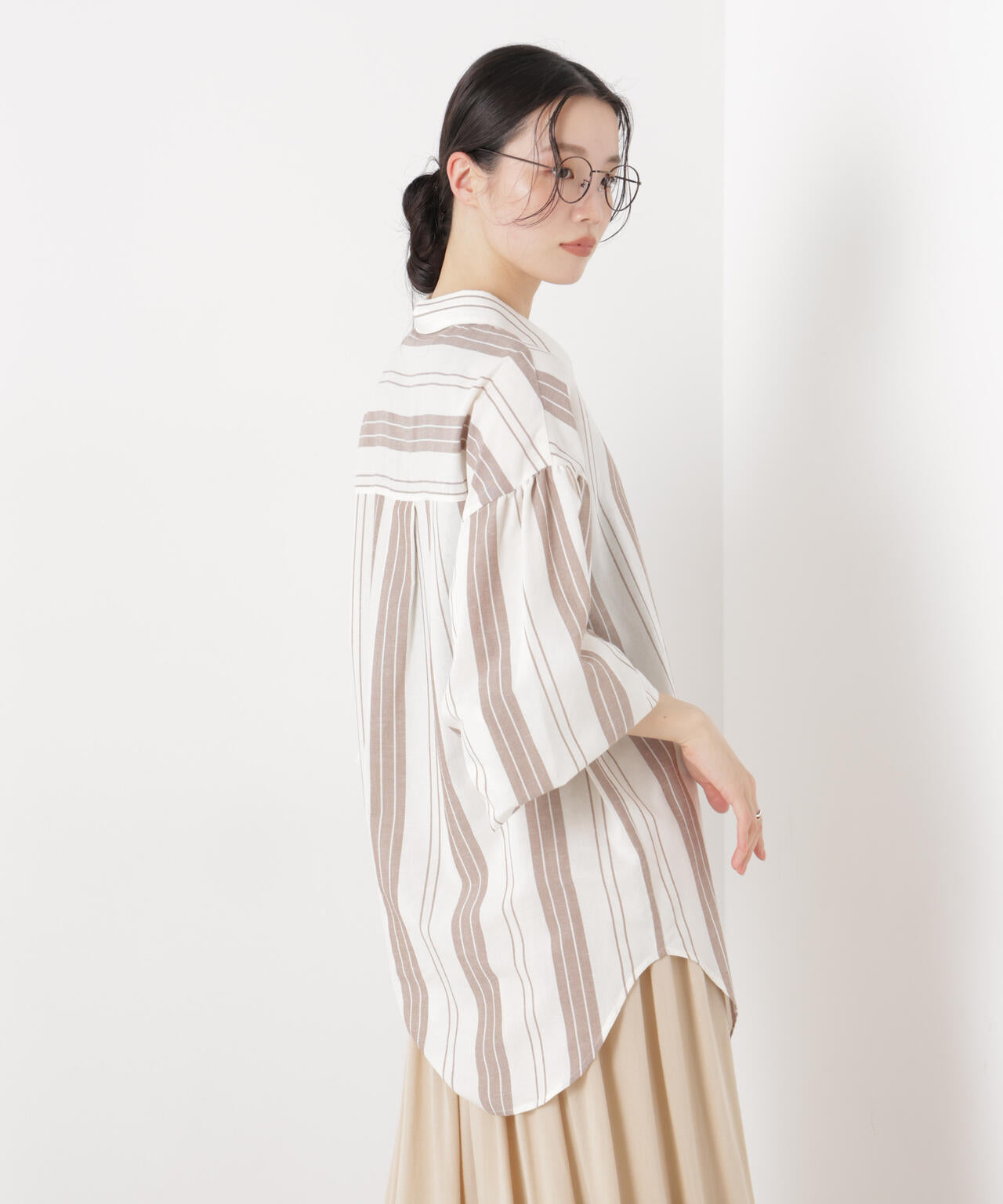 マシンウォッシャブルリネン混 ボリュームスリーブシャツ