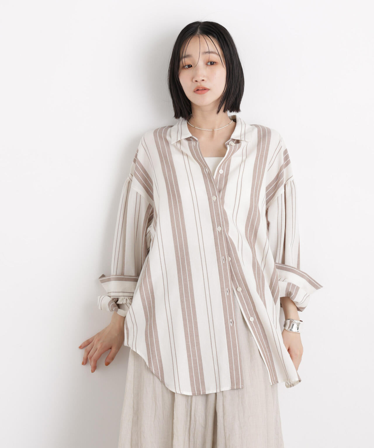 マシンウォッシャブルリネン混 ボリュームスリーブシャツ