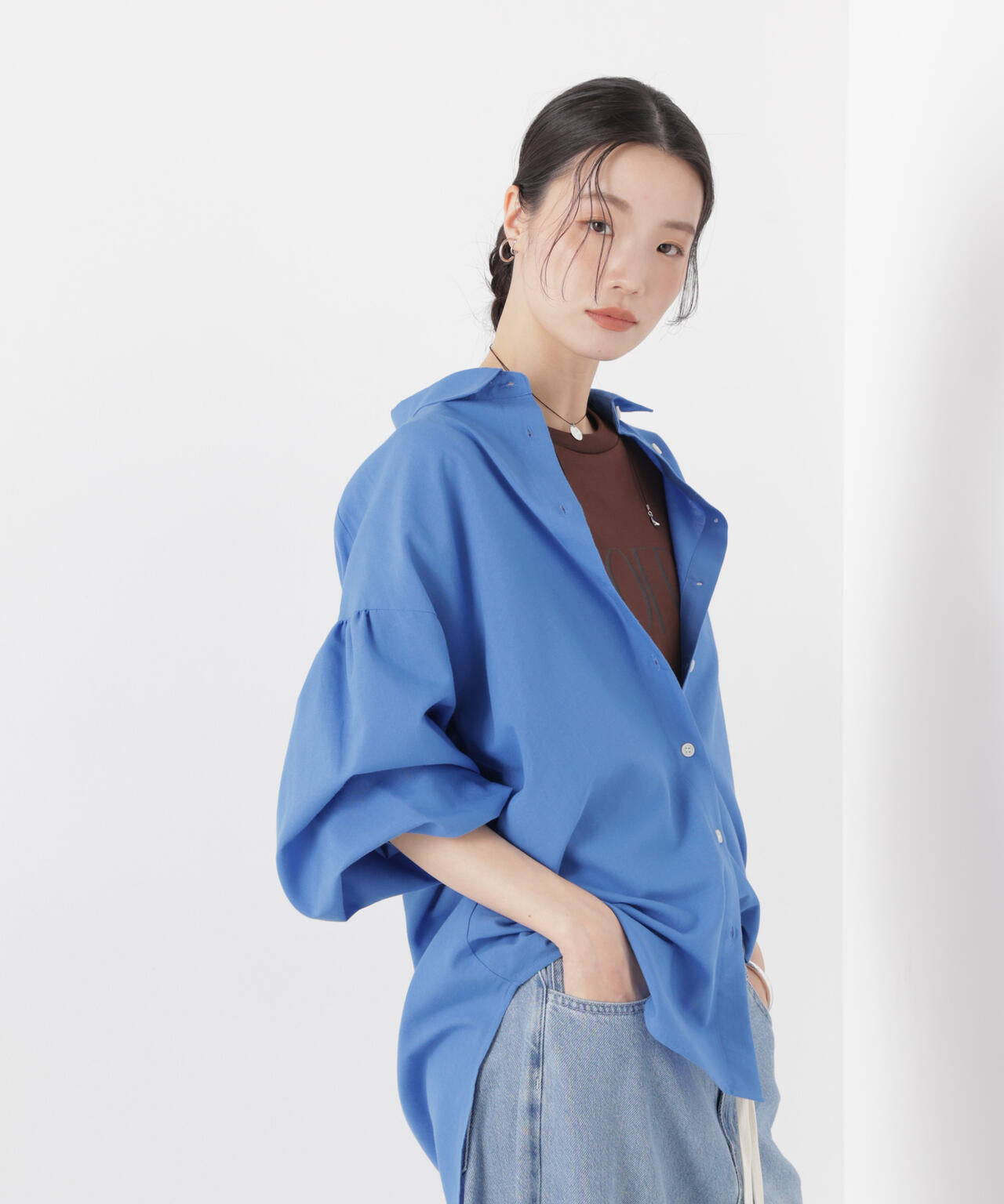 マシンウォッシャブルリネン混 ボリュームスリーブシャツ