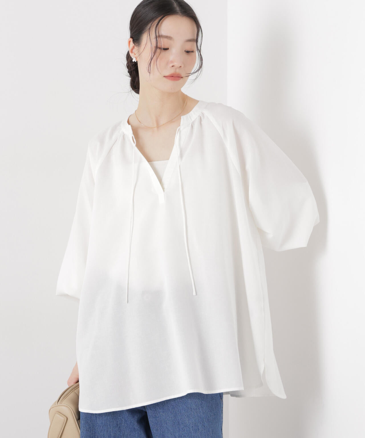 マシンウォッシャブルリネン混 ドルマンプルオーバーブラウス