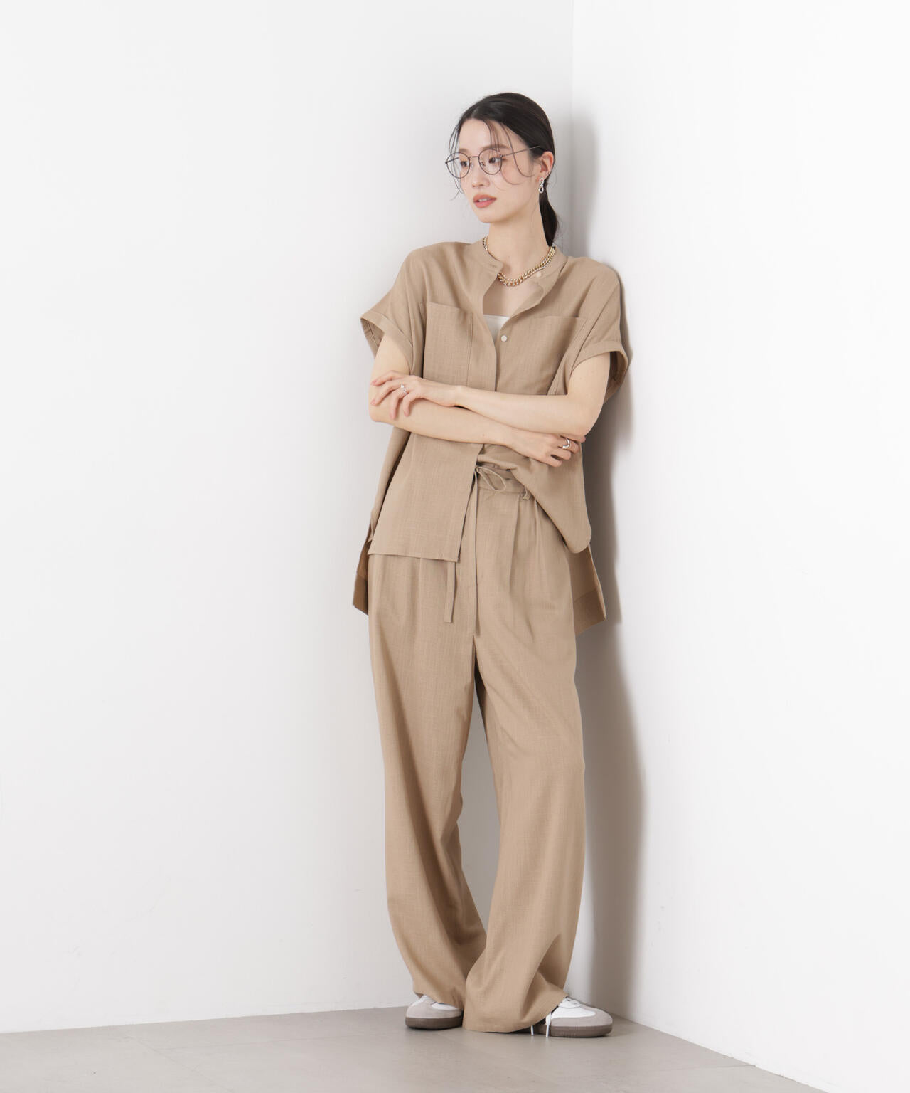 多機能リネン混スタンドカラードルマンフレンチスリーブシャツ(セットアップ可)