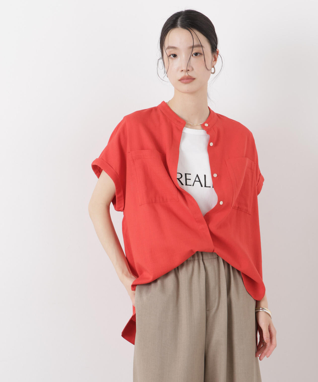 多機能リネン混スタンドカラードルマンフレンチスリーブシャツ(セットアップ可)