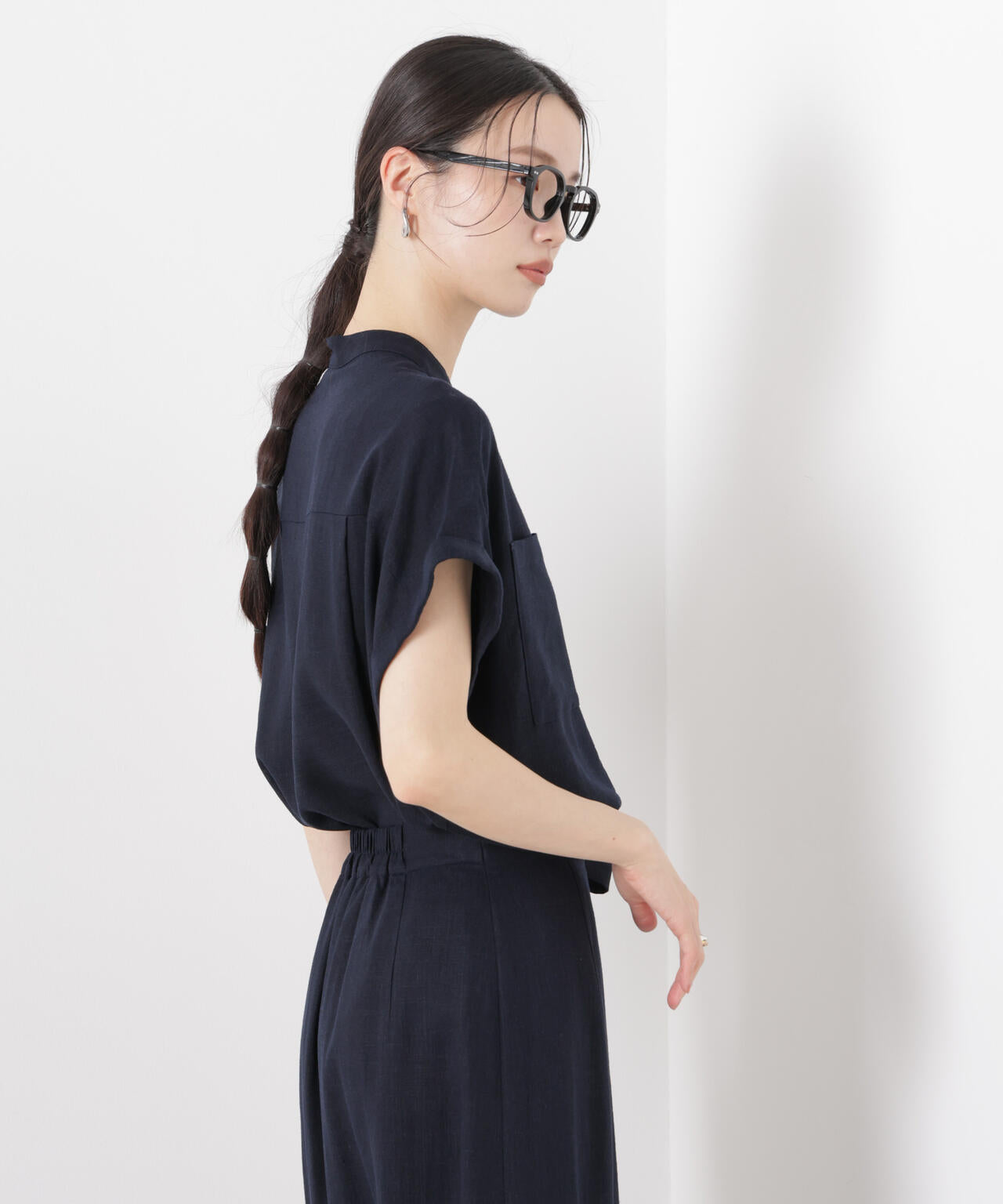 多機能リネン混スタンドカラードルマンフレンチスリーブシャツ(セットアップ可)