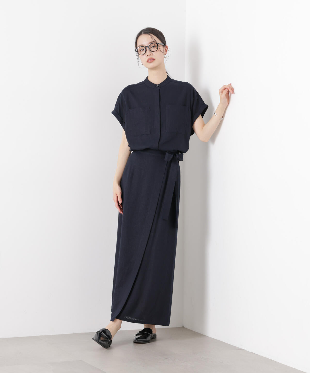 多機能リネン混スタンドカラードルマンフレンチスリーブシャツ(セットアップ可)