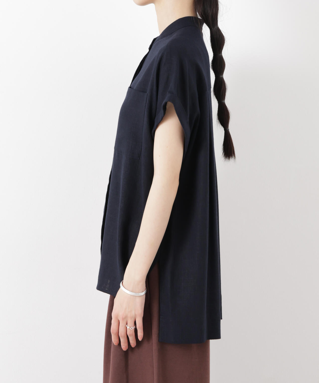 多機能リネン混スタンドカラードルマンフレンチスリーブシャツ(セットアップ可)