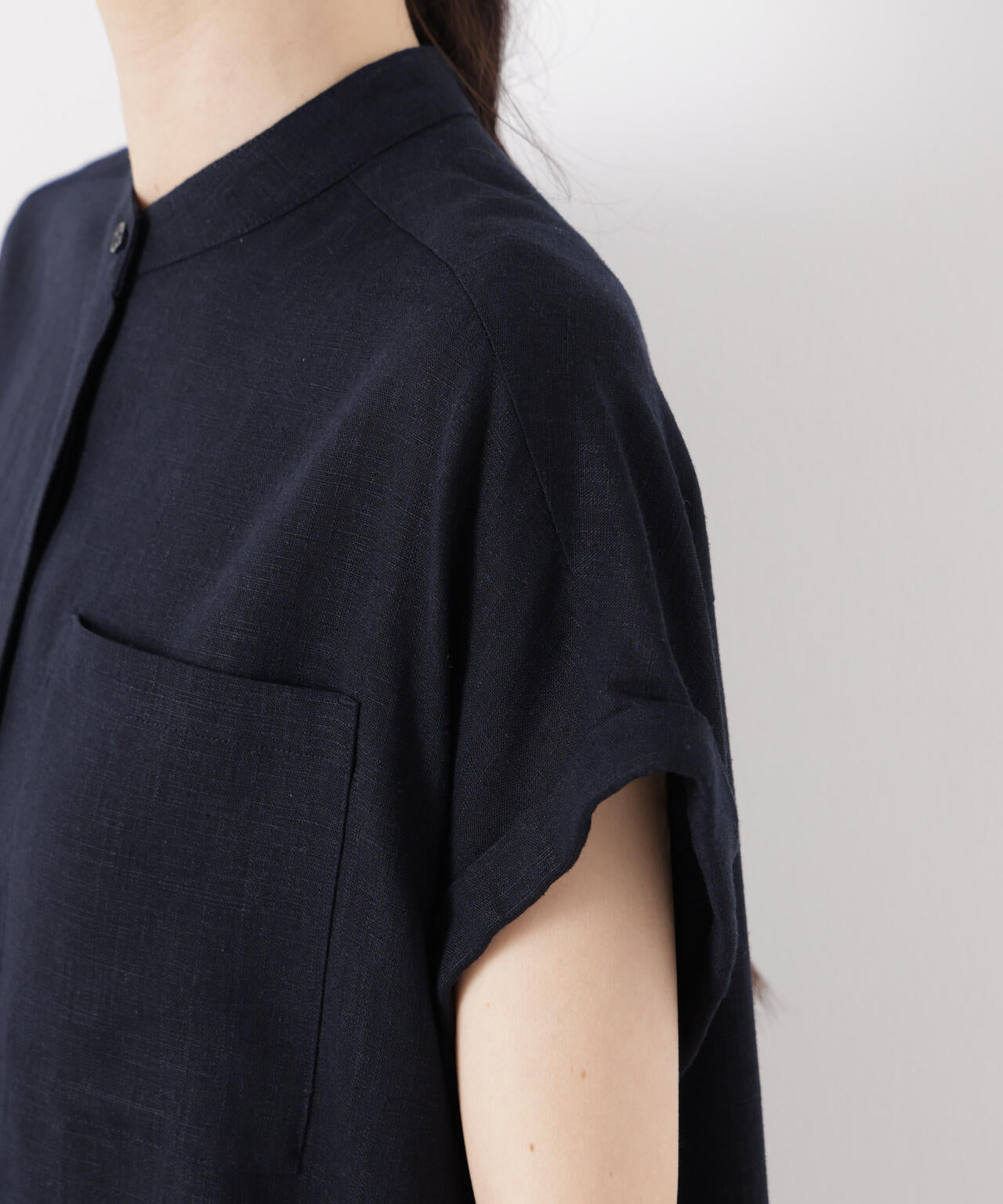 多機能リネン混スタンドカラードルマンフレンチスリーブシャツ(セットアップ可)