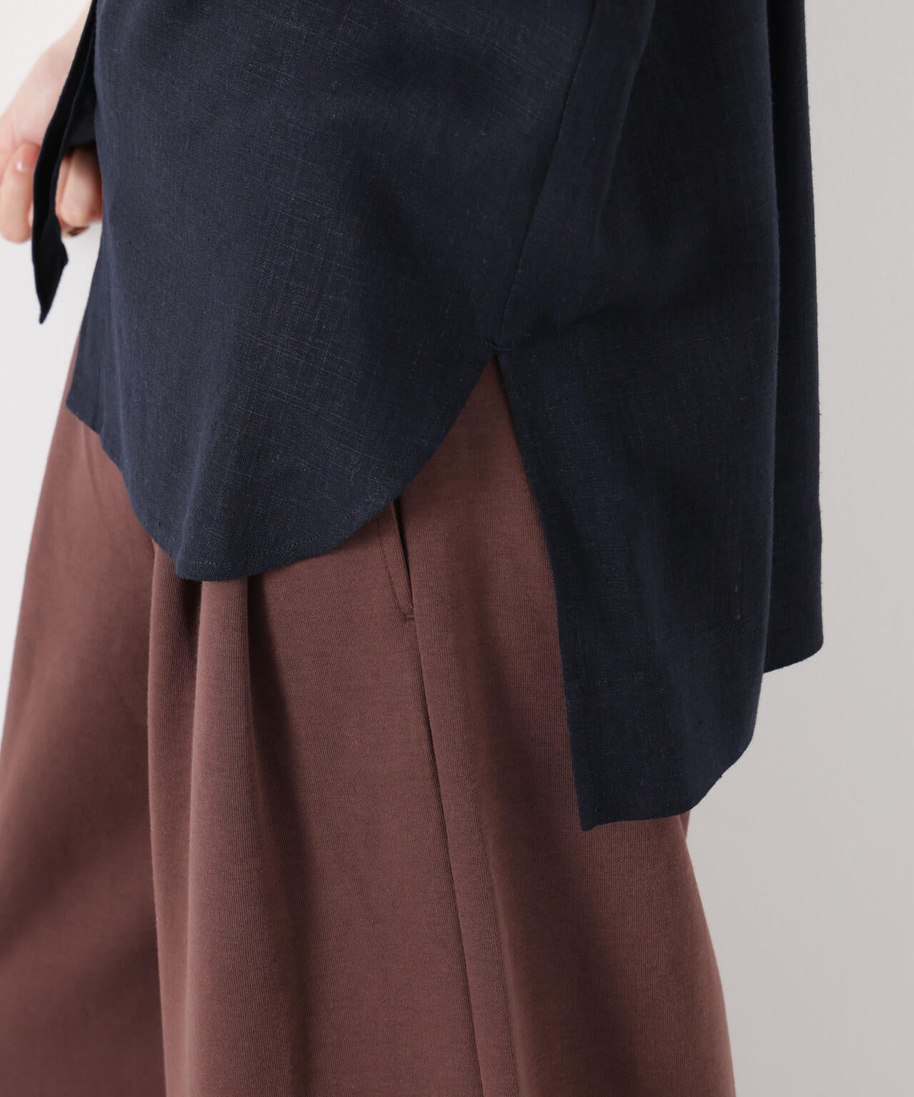 多機能リネン混スタンドカラードルマンフレンチスリーブシャツ(セットアップ可)