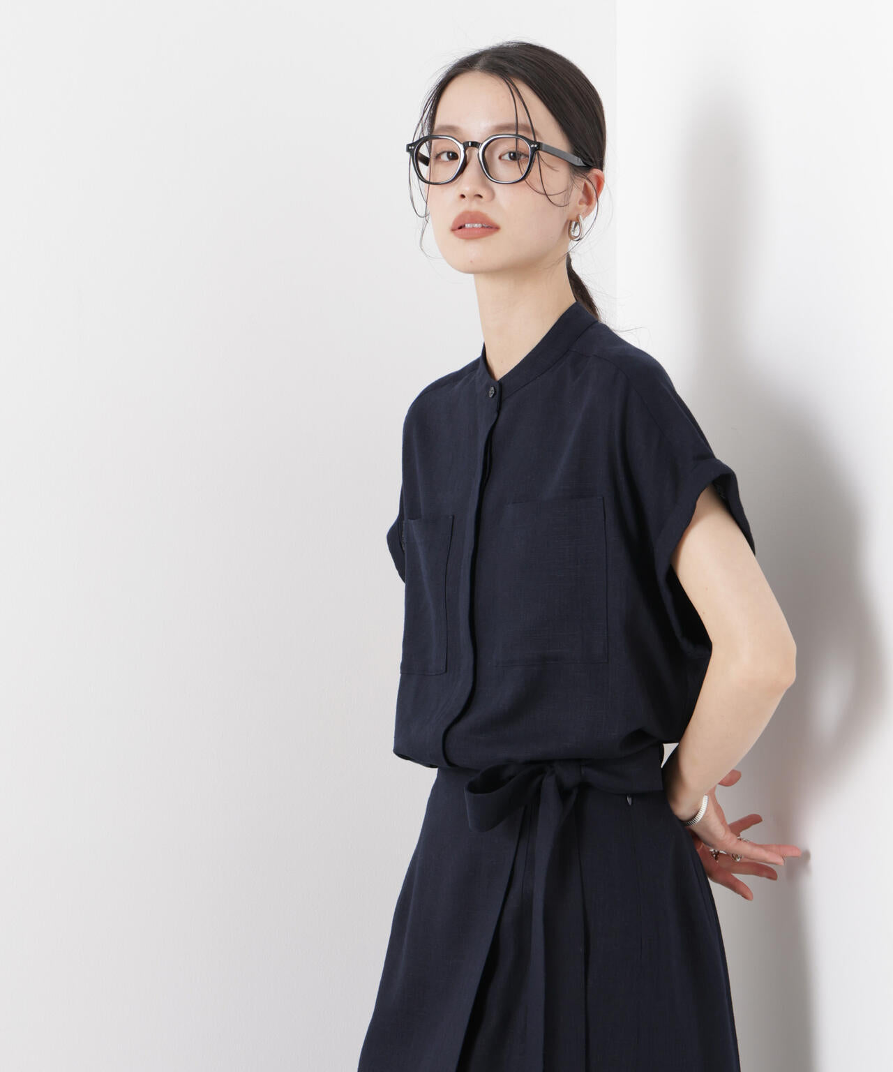 多機能リネン混スタンドカラードルマンフレンチスリーブシャツ(セットアップ可)