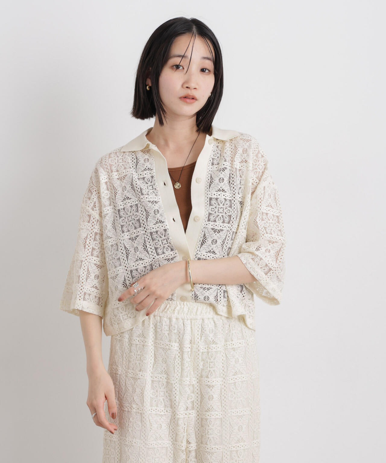今期一部店舗+WEB限定　LAYASレース半袖シャツ　¥19,800 幾何柄レース半袖シャツ(セットアップ可) | NANO universe（ナノ