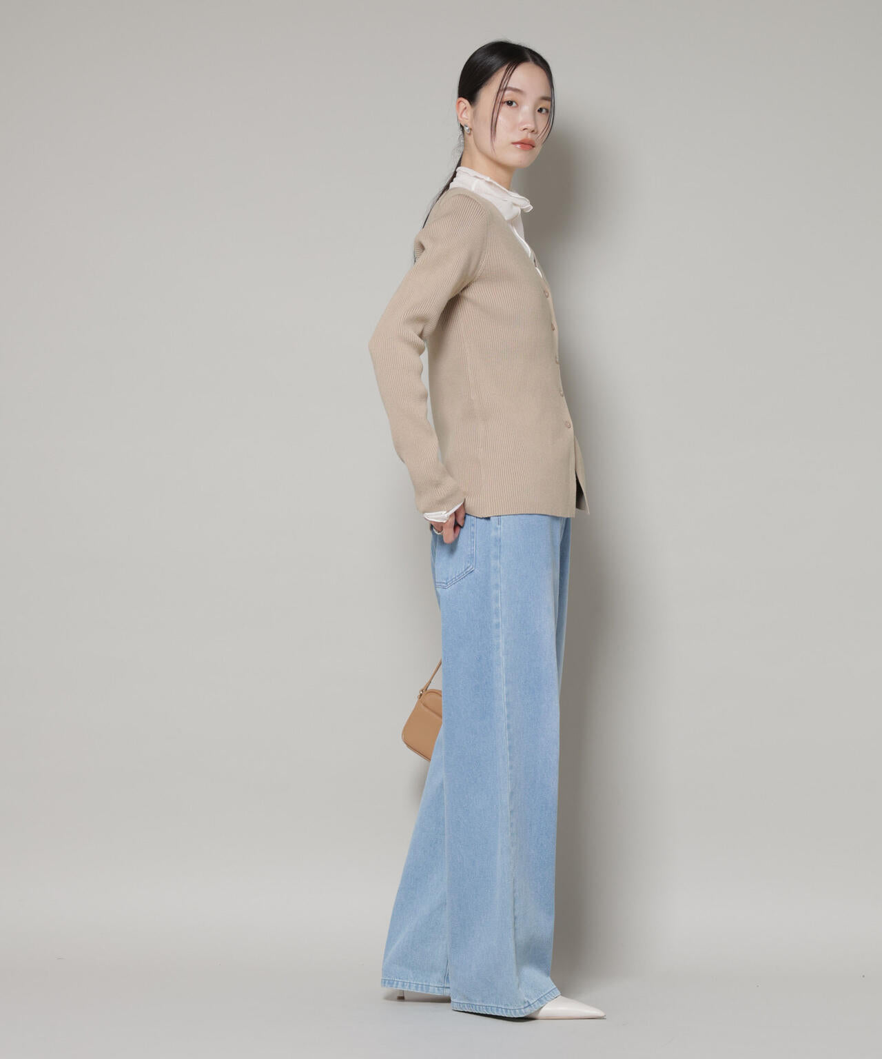 裾スリットVネックリブカーディガン