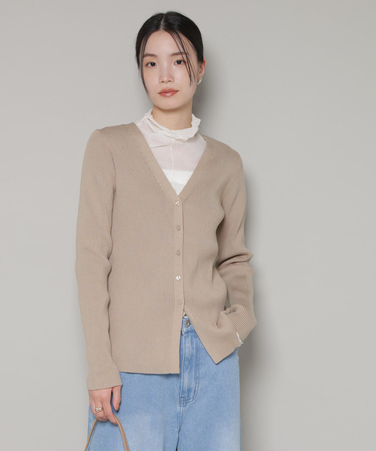 裾スリットVネックリブカーディガン
