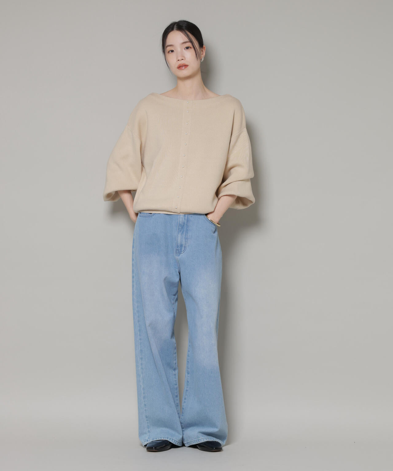 前後2wayセンターパール釦プルオーバーニット