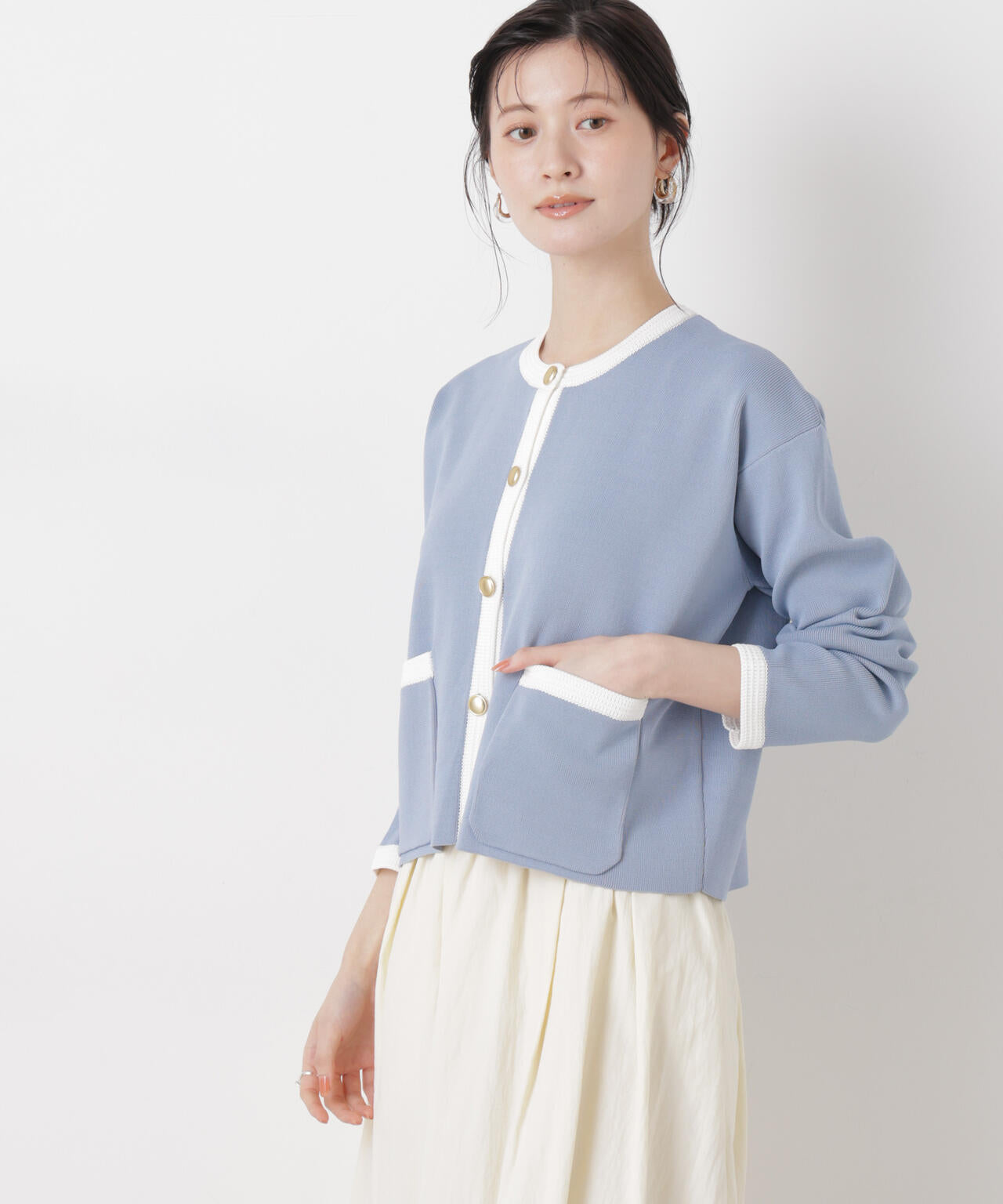 洗濯機洗可バイカラーニットジャケットカーディガン(セットアップ可)